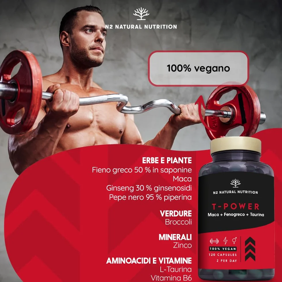 Integratore Testosterone Uomo con Maca, Taurina, Fieno Greco, Ginseng, Zinco e B6 - 120 Capsule N2 Natural Nutrition