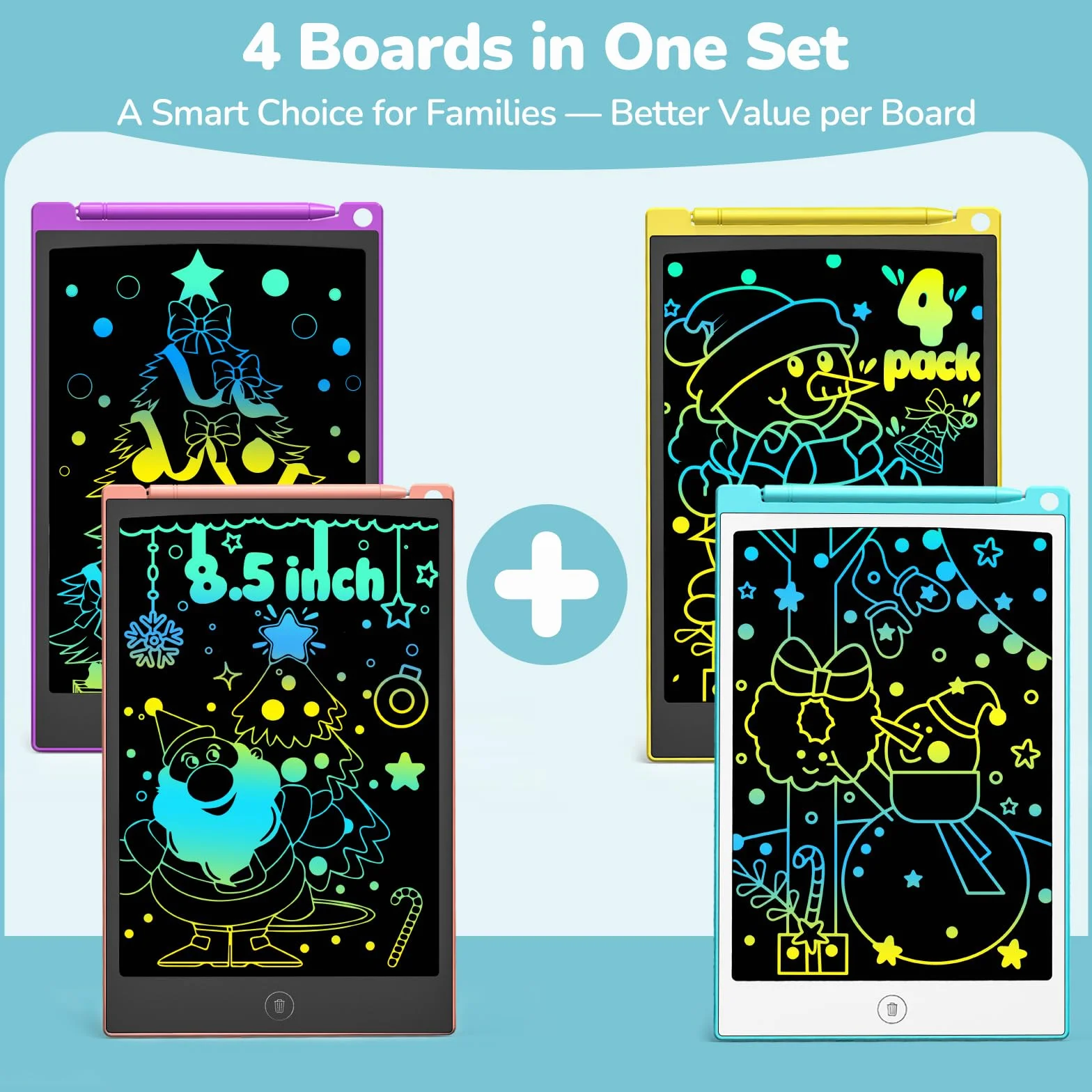 TECJOE Tavoletta Grafica LCD 8.5 Pollici Confezione da 4, Lavagna Portatile da Disegno con Penna per Bambini
