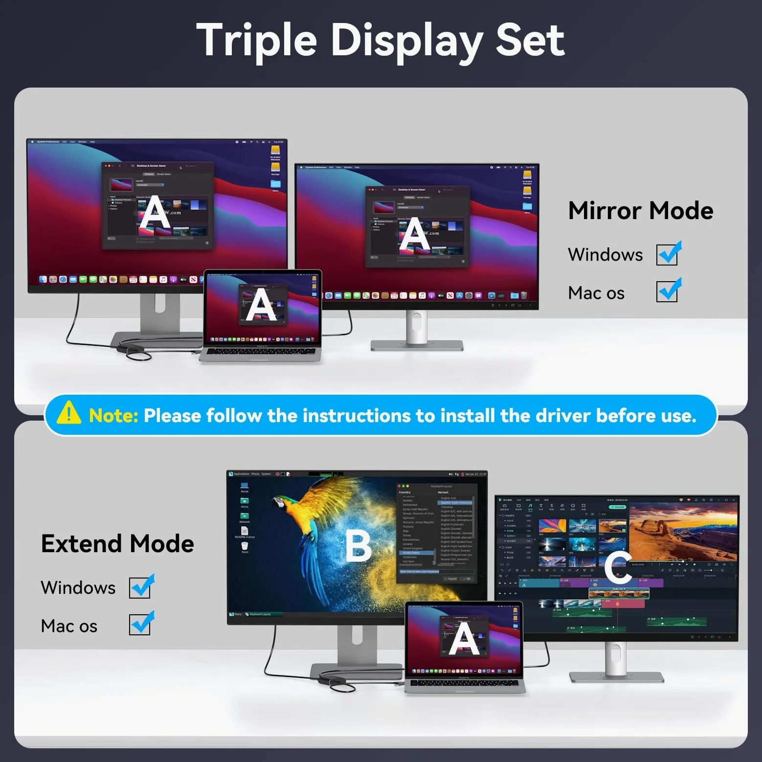 Splitter HDMI Display esteso per doppio monitor USB A & C a 2 hdmi Adapter 1 in 2 Out per laptop Mac Triple Set Supporto MST & SST modalità; 4K @30Hz Out 1, 1080p Out 2