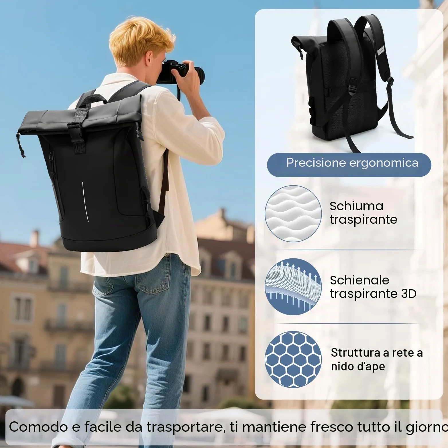 Zaino Rolltop Uomo Donna, Zaino Porta PC 17 Pollici Impermeabile, Grande zainetto da Viaggio Uomo Rains Zaini, Zaini Lavoro Uomo Elegante per Viaggi Lavoro Università Scuola Casual