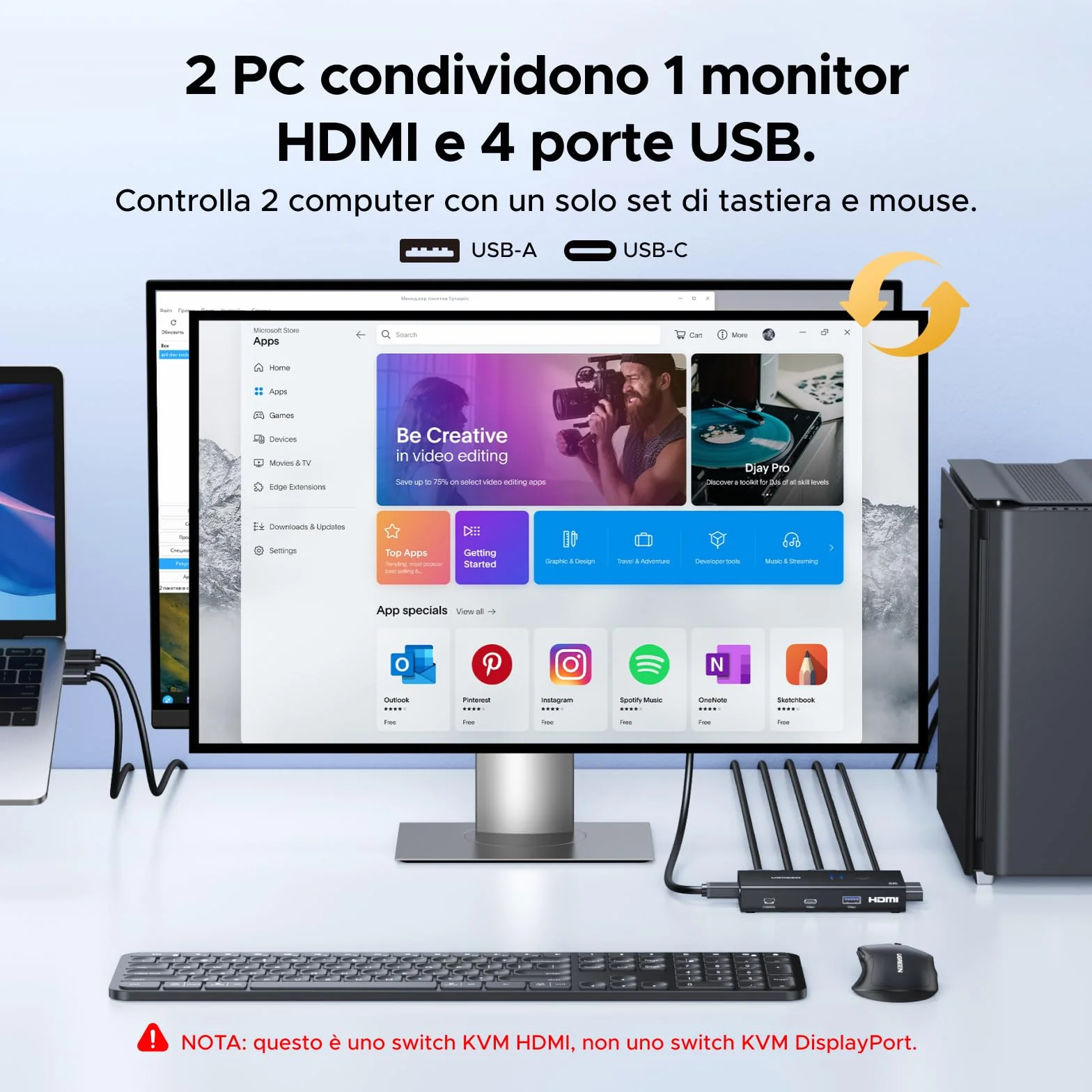 UGREEN Switch KVM HDMI 2.0 2 ingressi 1 uscite 4K 60Hz per 2 PC con 4 porte USB 3.0 5Gbps per tastiera, mouse, disco rigido, controller desktop compatibile con Windows, Linux, macOS