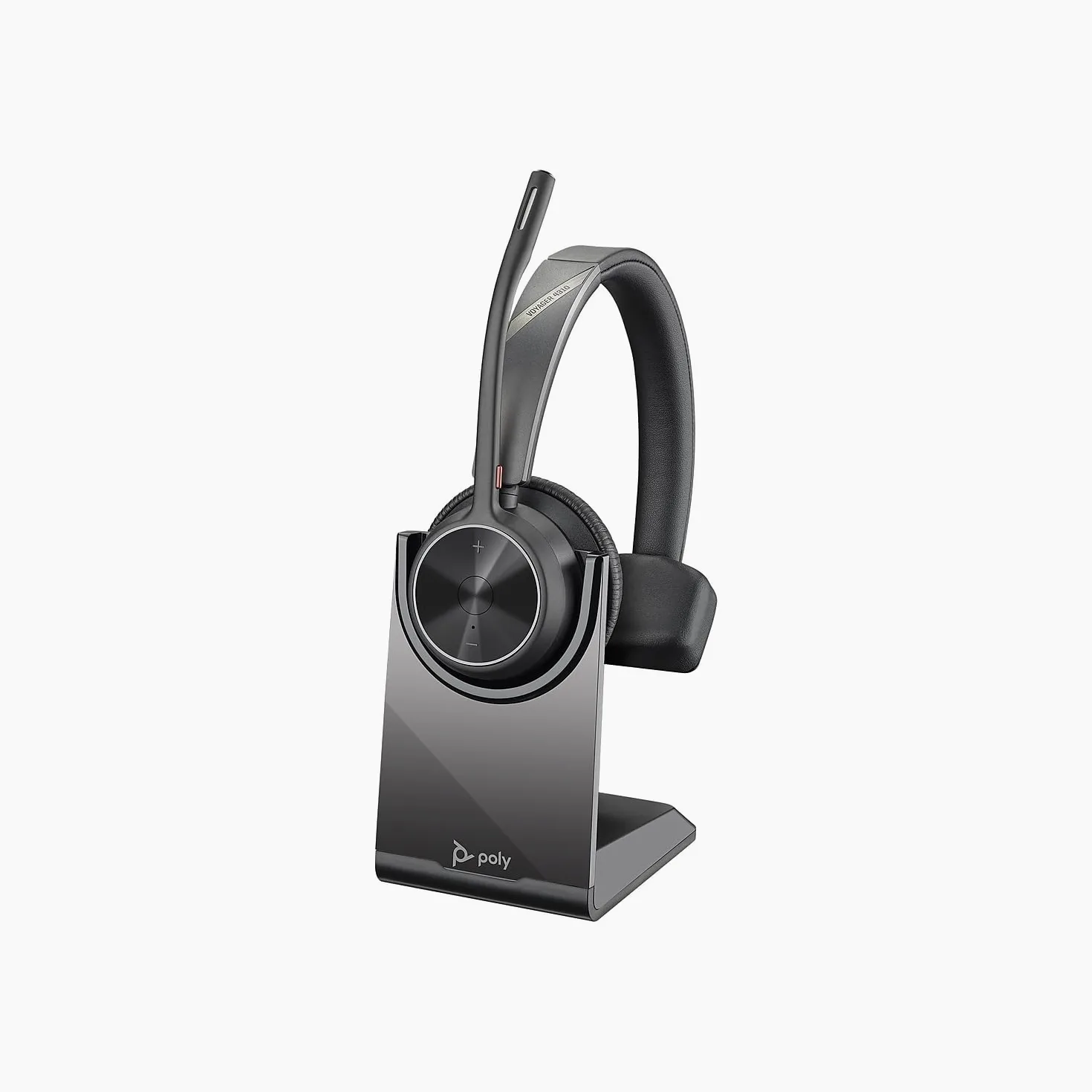 Poly - Cuffia wireless Voyager 4310 UC con supporto di ricarica (Plantronics), cuffia monoauricolare, si collega al PC con adattatore Bluetooth USB-A e ai telefoni cellulari tramite Bluetooth