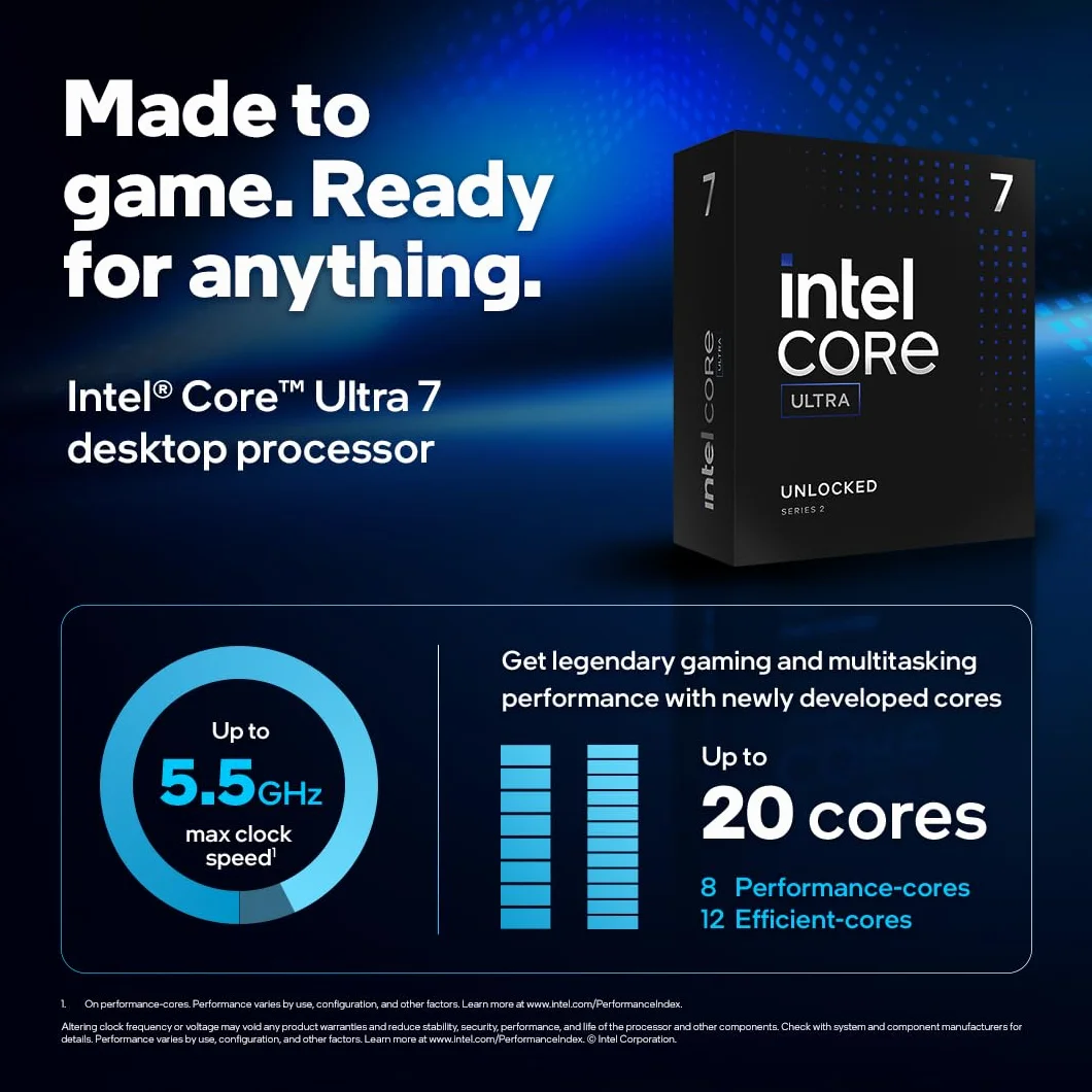 Intel® Core™ Ultra 7 per sistemi processore desktop 265KF 20 core 8 P-core + 12 E-core fino a 5,5 GHz, 7 265KF