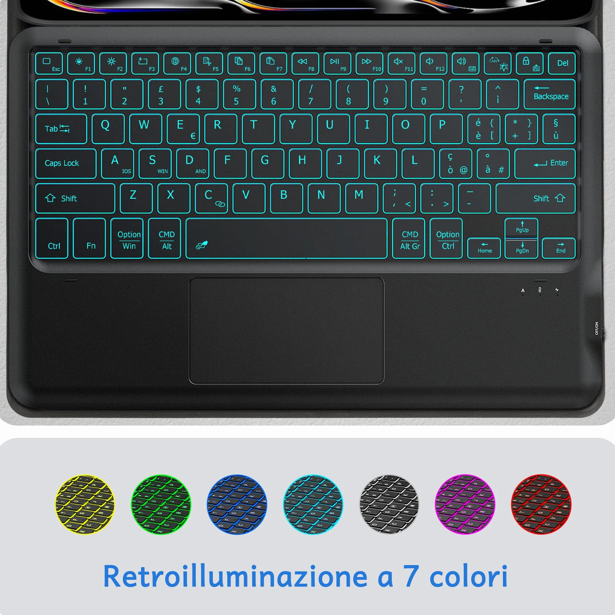 CACOE Cover con Tastiera Compatibile con iPad Pro 13 Pollici M5/M4 2025/2024 con Touchpad, Custodia con Portapenne QWERTY Wireless Staccabile con Illuminata a 7 Colori, Nero