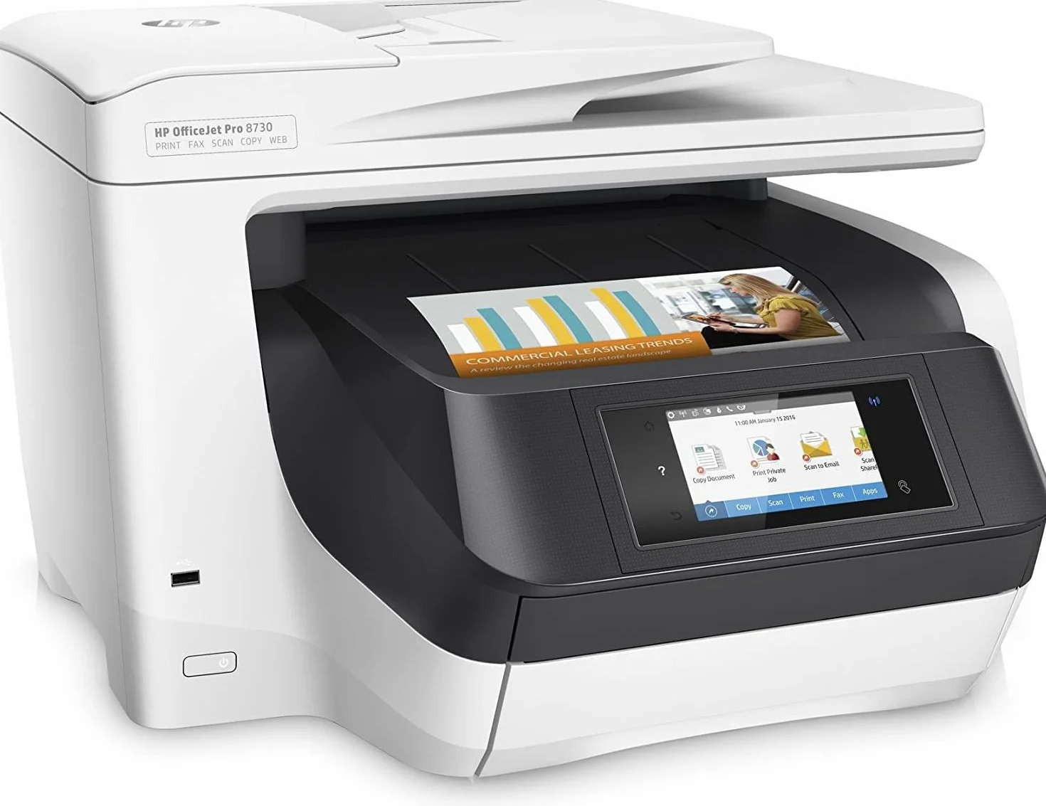 HP OfficeJet Pro 8730 D9L20A, Stampante Multifunzione A4 a Getto di Inchiostro, Stampa fronte/retro automatica, 36 ppm, Scansiona, Copia, Fotocopia, Fax, USB, Wi-Fi, Ethernet, HP Smart, Bianca