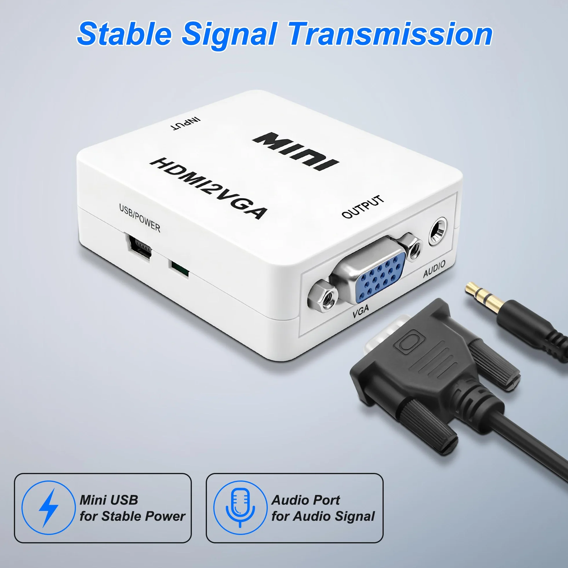 MEIRIYFA Adattatore da HDMI a VGA, adattatore Unidirectional HDMI a VGA con audio da 3,5 mm e cavo di alimentazione Mini USB per computer, desktop, laptop, PC, HDTV, monitor, proiettore e altro ancora