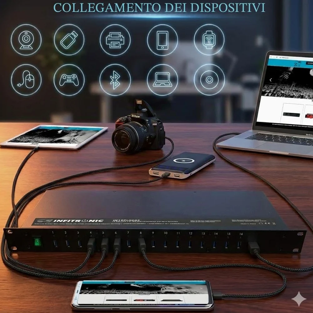 INFITRONIC - Porte USB 3.0 Hub16 USB IN19PLG002-19" con stazione di ricarica e sincronizzazione (1U Rack)