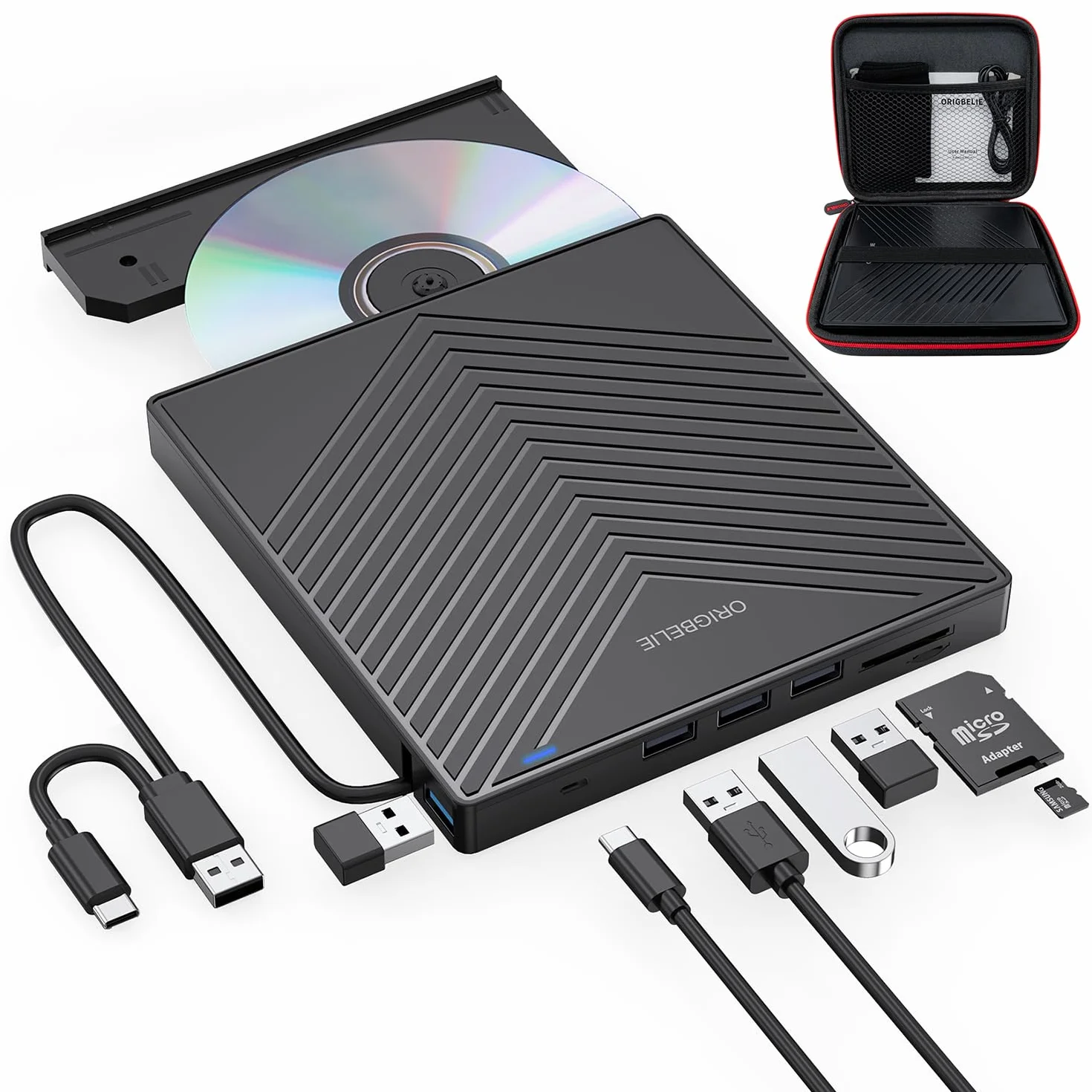 ORIGBELIE Masterizzatore DVD CD Externo, Lettore CD DVD Esterno, USB 3.0 con 4 Porte USB e 2 Lettore di Schede TF/SD, Sottile Unità CD/DVD Esterna Per Laptop Mac PC Windows 11/10/8/7 Linux OS con Caso