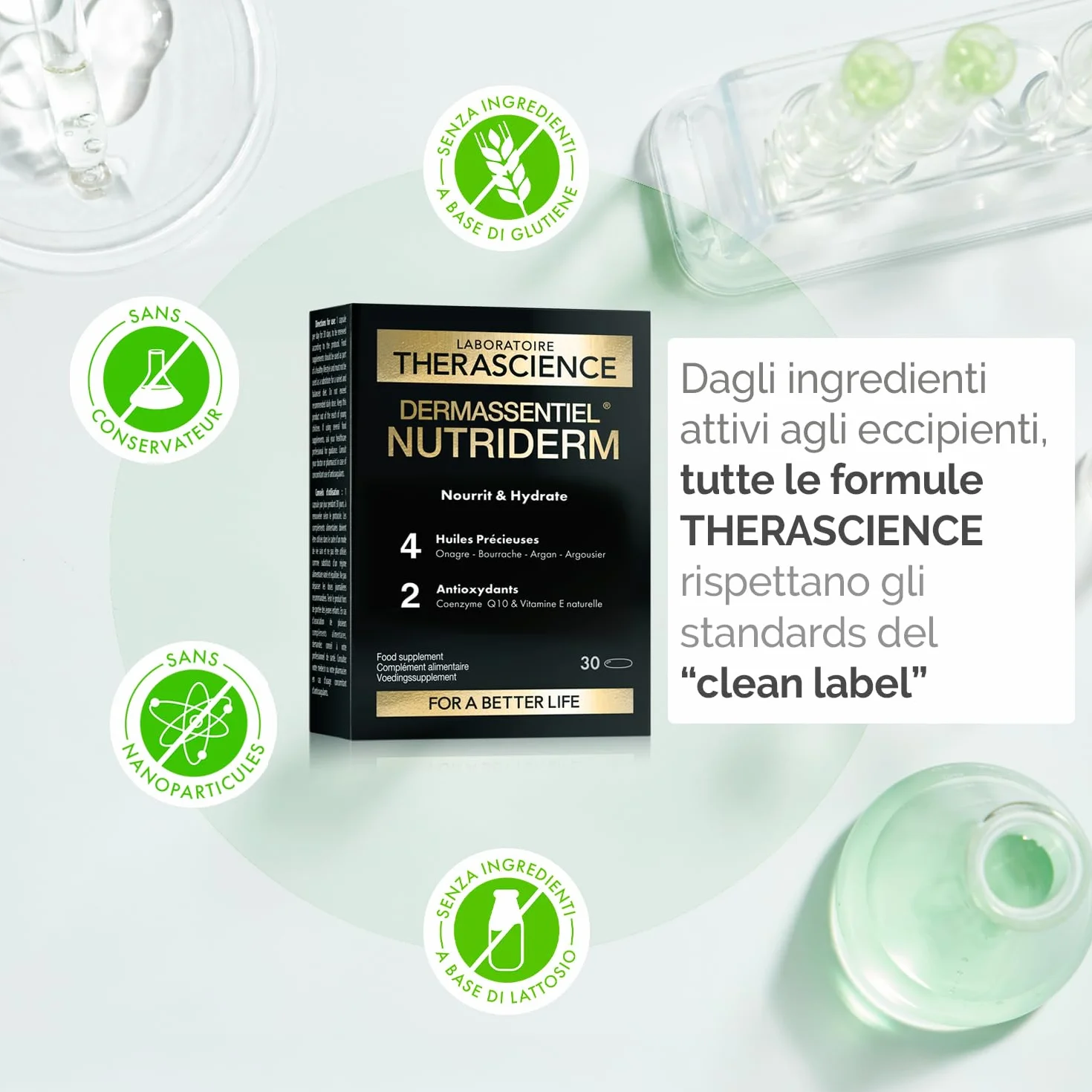 Laboratoire THERASCIENCE DERMASSENTIEL NUTRIDERM 30 kapsułek Argan Onagra Borragine Olivello Omega 3,6,7,9 Coenzima Q10 Vitamina E