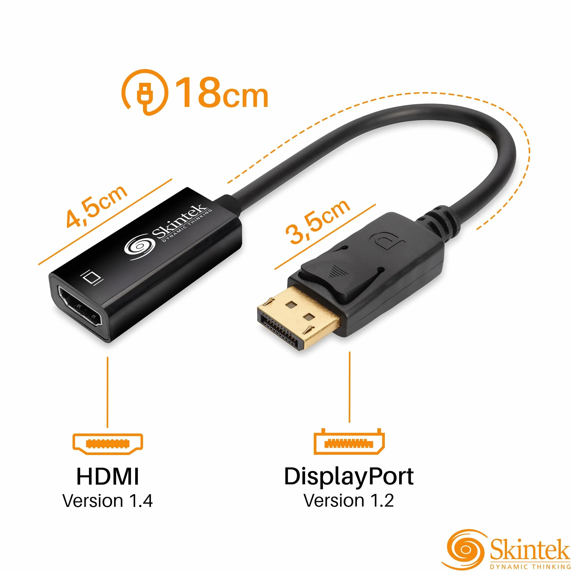 Skintek SK-04-DPH adattatore Display Port (DP) a HDMI, 4K 1080p 60 Hz, maschio-femmina per connettere PC/Notebook/MAC con uscita Display Port a Monitor,Projettore con ingresso HDMI. Cavo 18 cm.