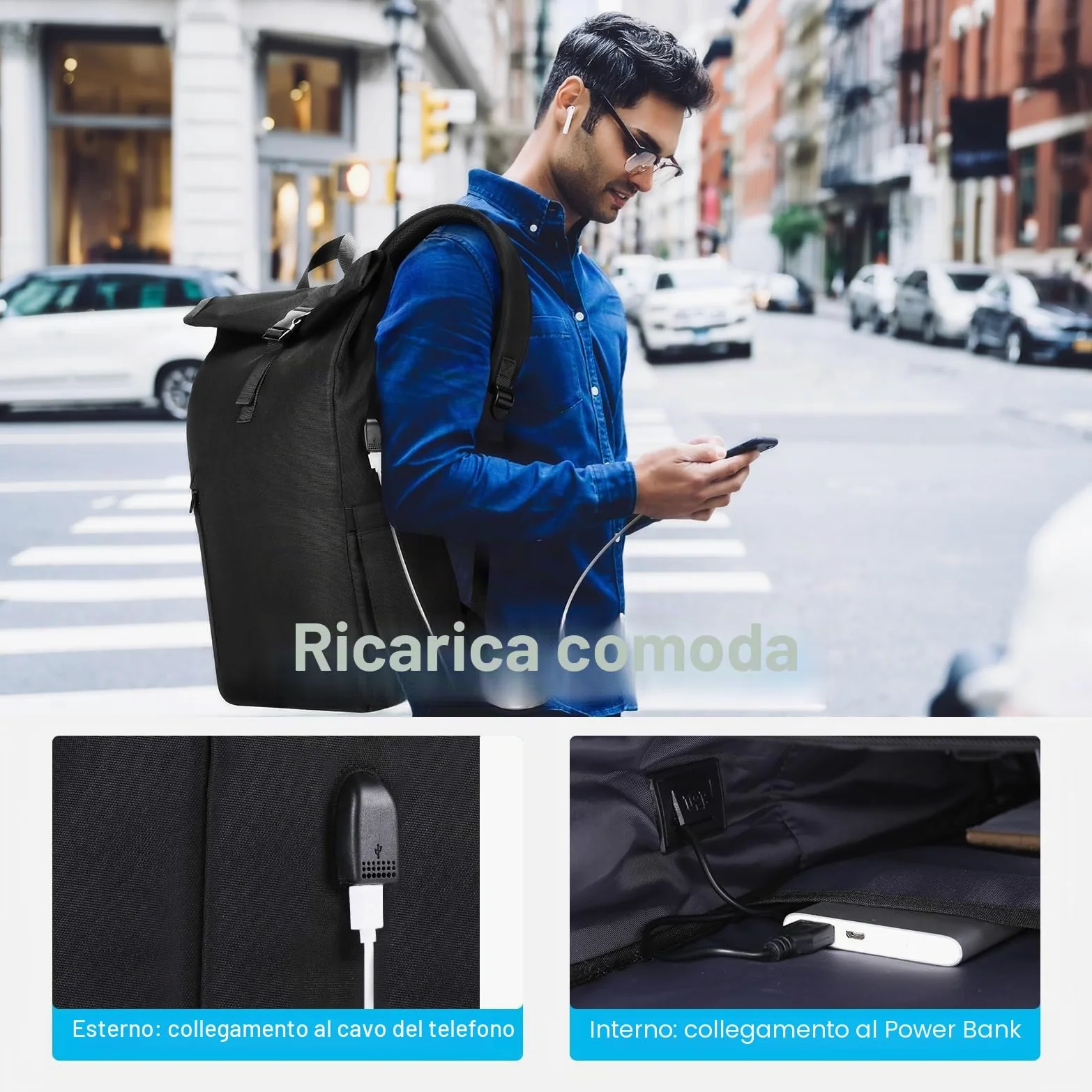 HOMIEE Zaino Rolltop Uomo Donna Zaino Porta PC 17,3 Pollici Zaino da Viaggio Espandibile 24-30L Zaini Uomo Lavoro Impermeabile Zaino Arrotolabile Antifurto con Porta di Ricarica USB