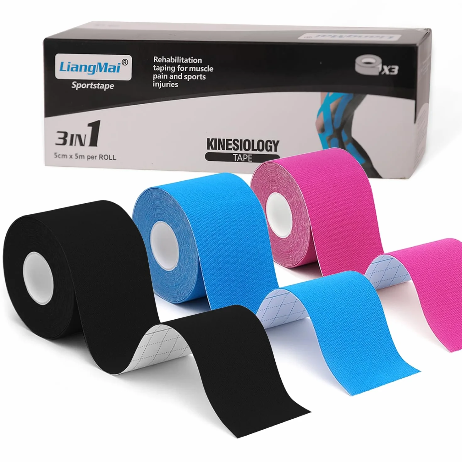 Kinesio Tape 3 rotoli 5cm x 5m Nero+Blu+Rosa, tape sportivo impermeabile ed elastico per ginocchio spalla gomito