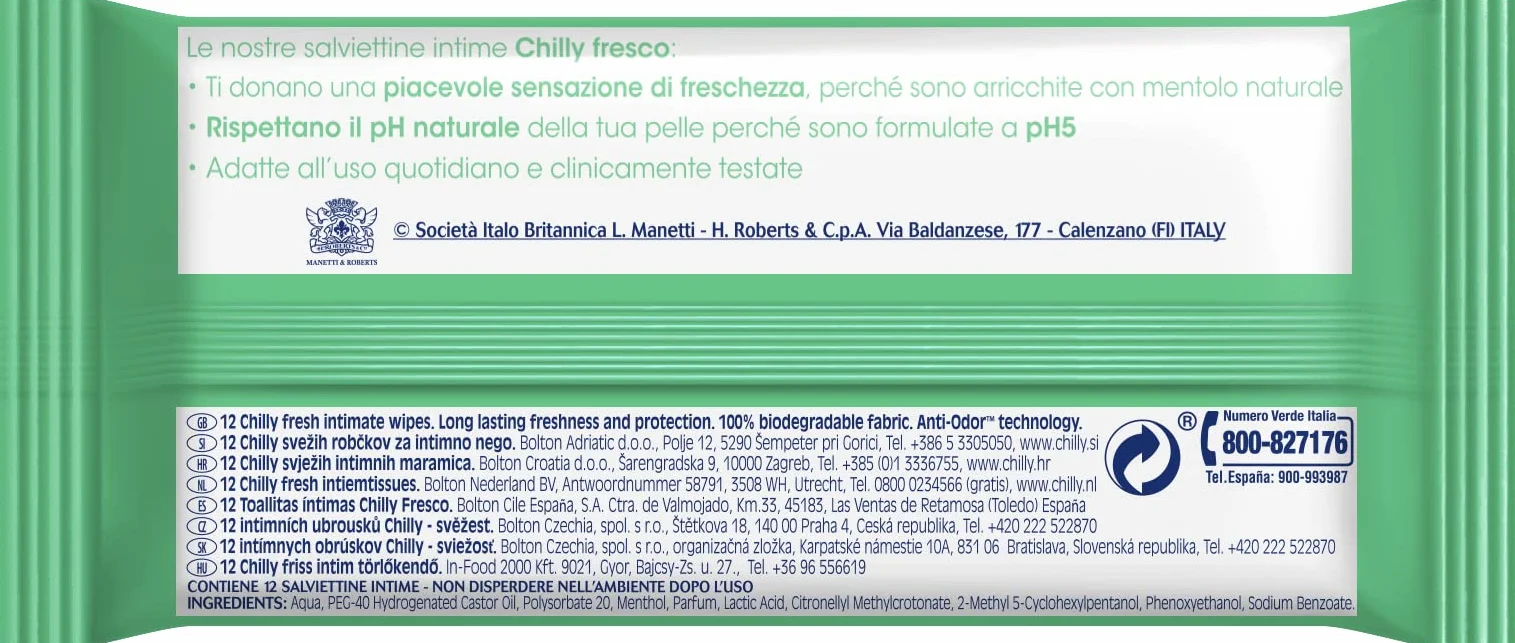 Chilly Salviettine Fresco Azione Protettiva Mentolo Naturale pH 5 12 sztuk