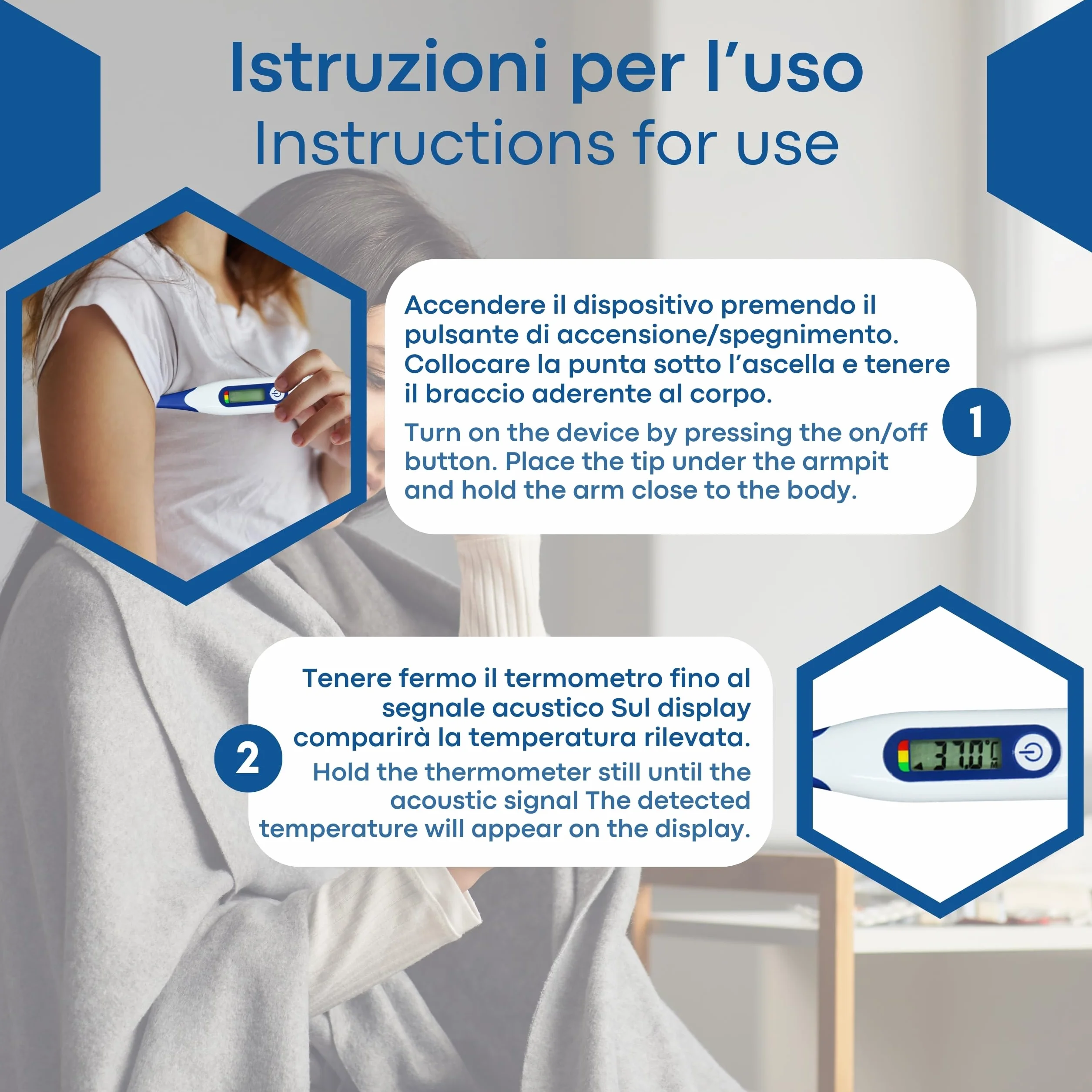 Termometro Digitale con Maxi Schermo Rapida Misurazione Punta Flessibile Segnale Acustico Indicatore Febbre Impermeabile Batterie Incluse