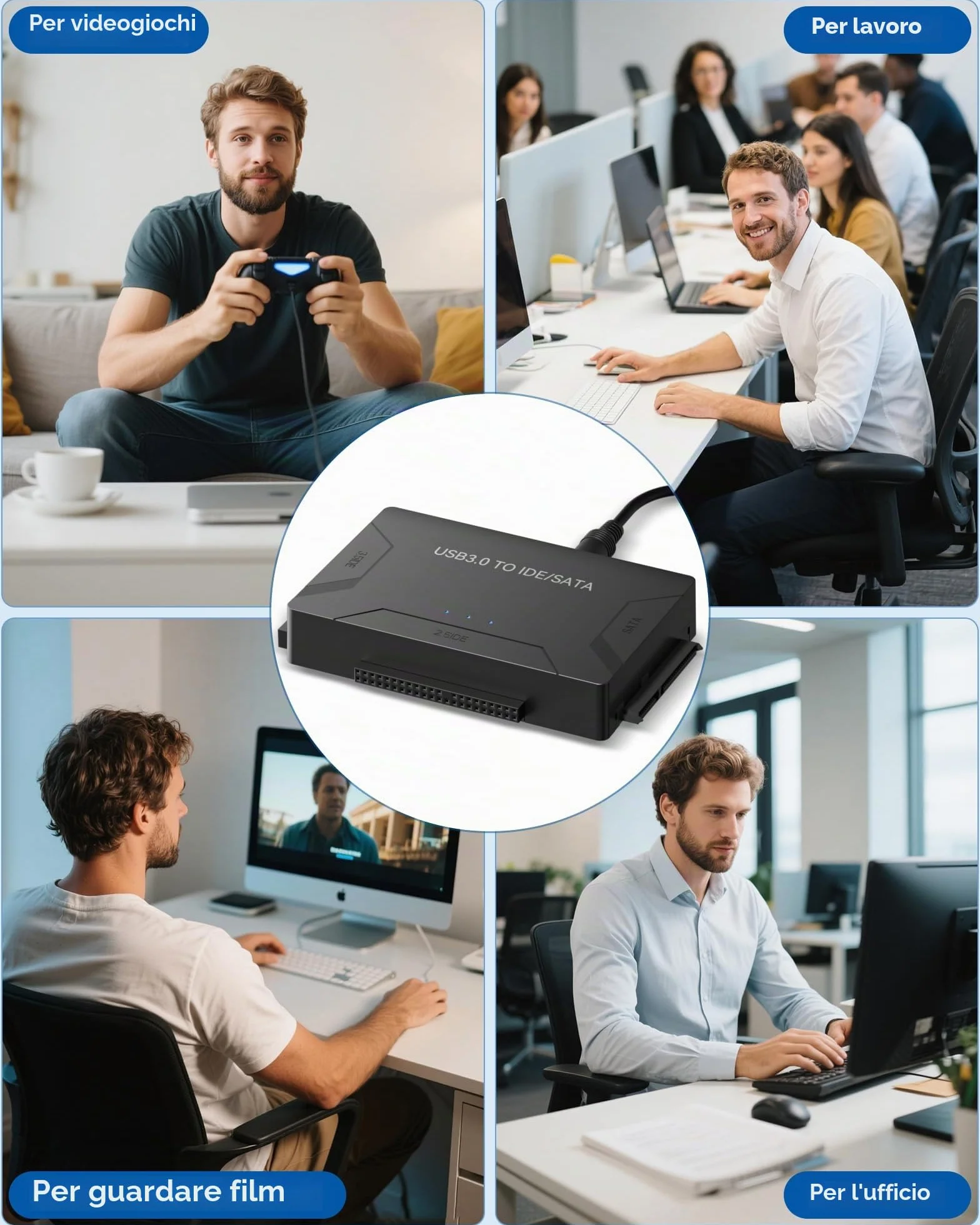 Adattatore IDE USB 3.0, USB 3.0 a SATA universale per dischi rigidi 2,5 e 3,5 pollici HDD/SSD con alimentatore 12 V 2 A