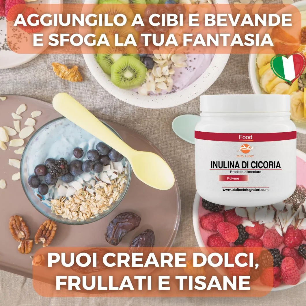 Bioline Inulina in Polvere di Cicoria Solubile 500 g Fibra Vegetale Regolarità Intestinale Senza Glutine Made in Italy