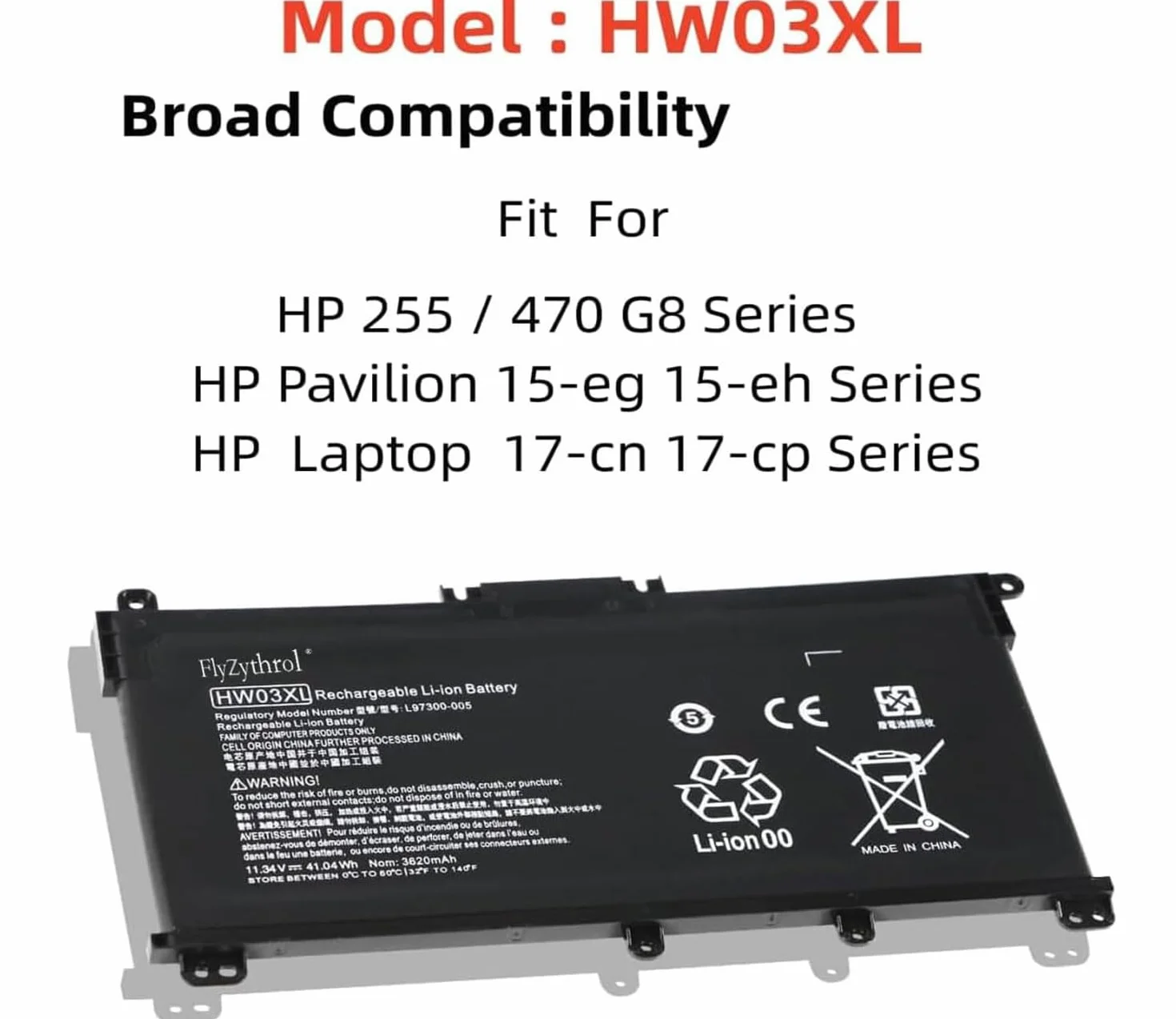 11,4V 41,04Wh HW03XL L97300-005 L96887-421 Batteria portatile compatibile con HP 240 245 250 255 470 G9 17-CN 17-CP 15-EH 15-EG 15-eg0000 15-eh000 17-cn0000 17-cp0000 HSTNN-OB2A HSTNN-LB8U