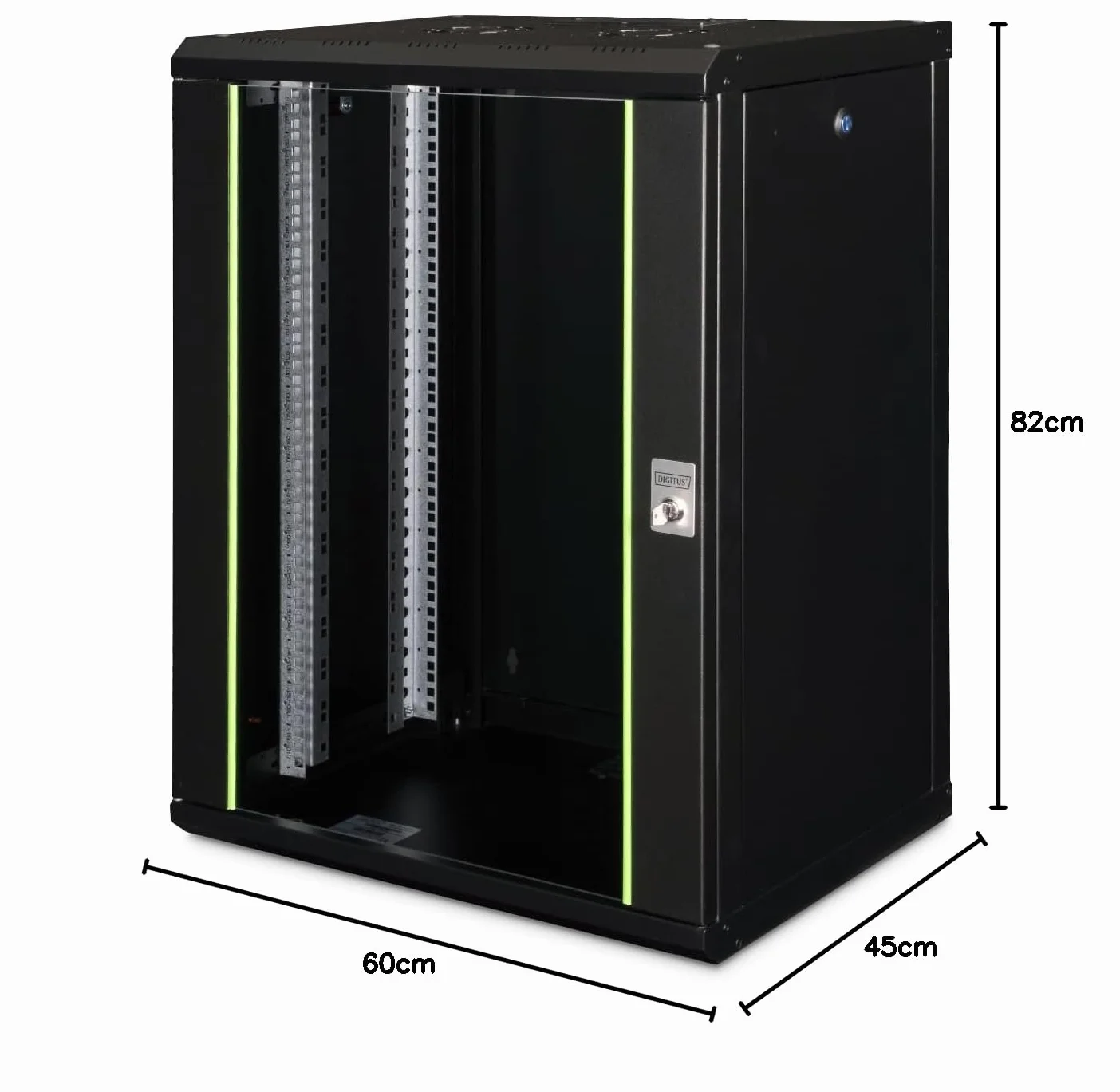 DIGITUS Armadio di rete – Rack da 19 pollici – 16U – 600 mm x 450 mm (LxP) – Profondità utile 370 mm – Montaggio a parete – Portata 100 kg – Porta in vetro di sicurezza – IP20 – Serie Unique – Nero