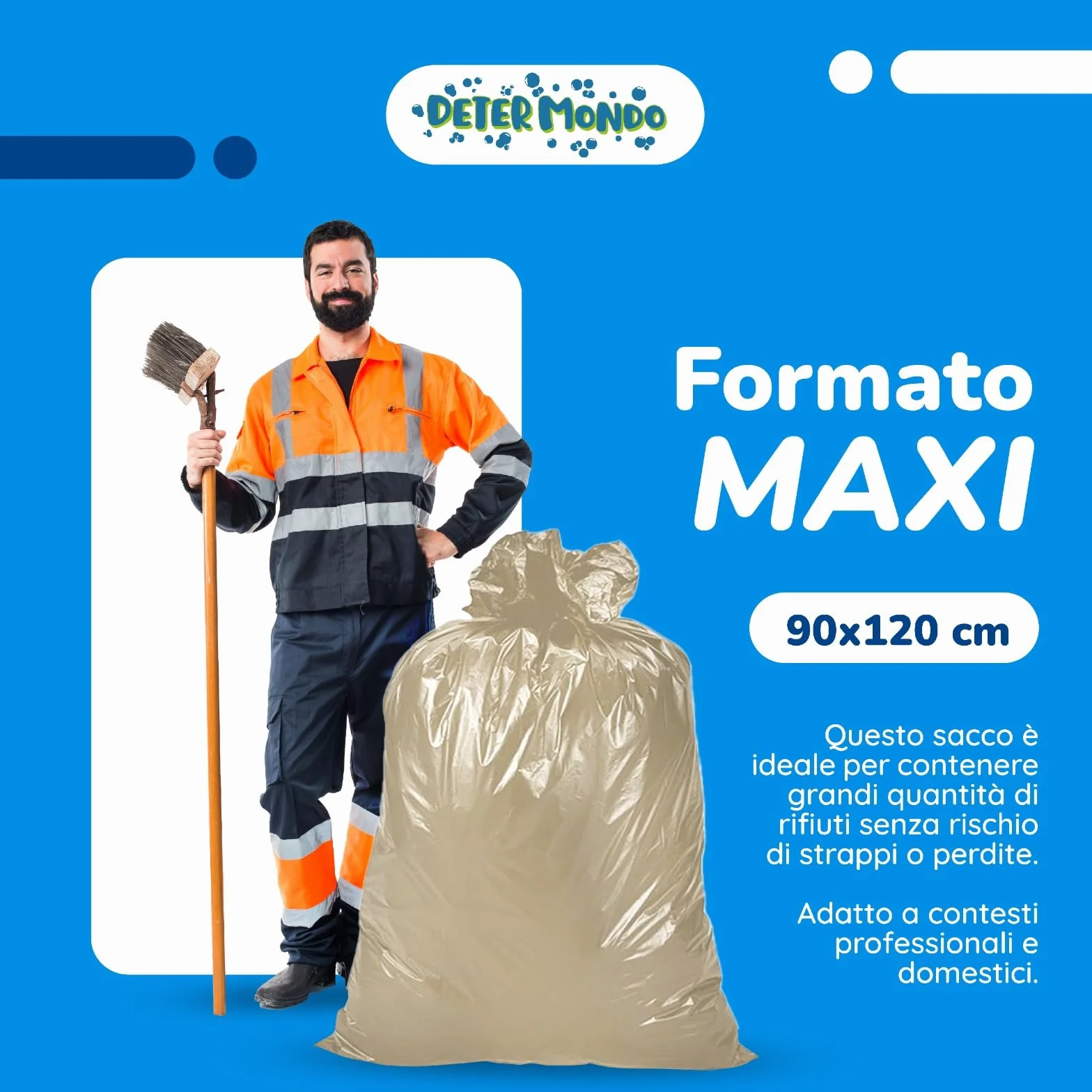 DETERMONDO 40 Sacchi Spazzatura 90x120 cm 120L Resistenti Materiale Riciclabile 4 Rotoli da 10 Pezzi Ambra