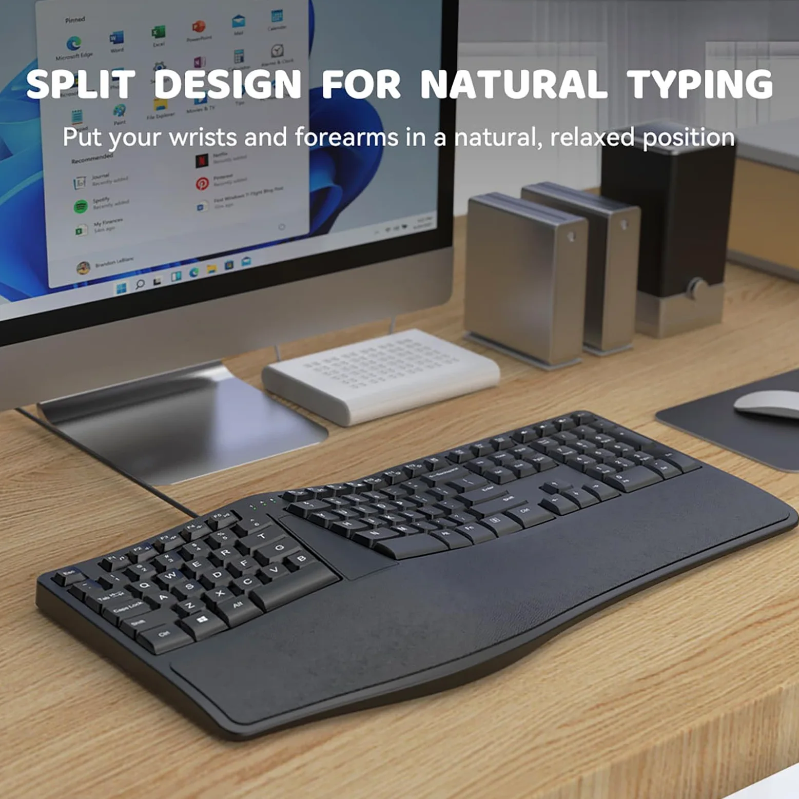 Digitazione Comfort Tastiera Split Design Wired Naturale Ergonomico Full-size 110 Tasti Universale Plug-play Supporto Polso Ufficio Nero