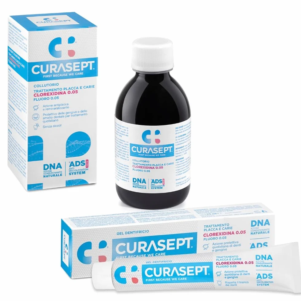 Curasept Kit Igiene Orale Quotidiana 0,05% Clorexidina - Collutorio 200 ml + Gel Dentifricio 75 ml - ADS Antiplacca e Carie, Senza Alcol