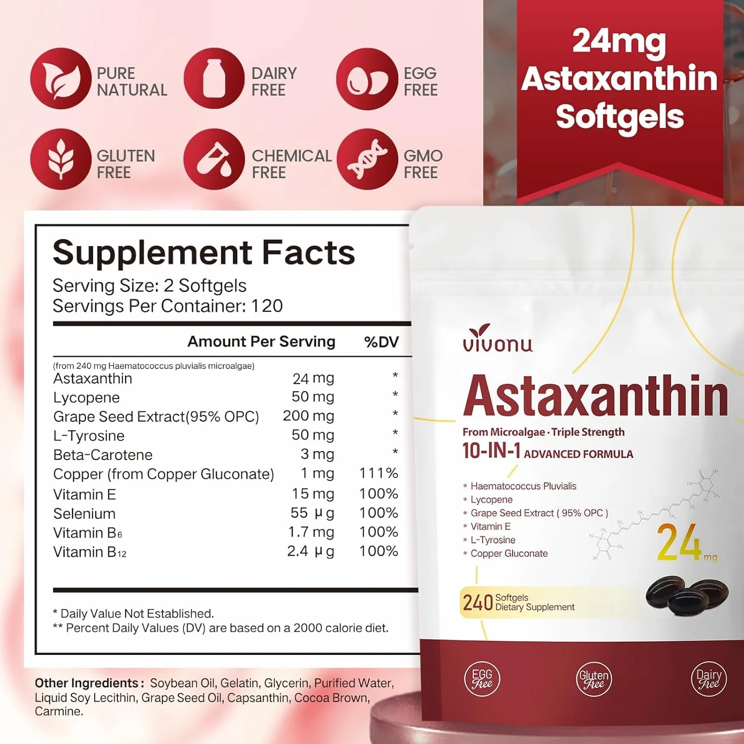 VivoNu Astaxantina 24 mg 240 Capsule Integratore Antiossidante Antiossidante Senza Additivi