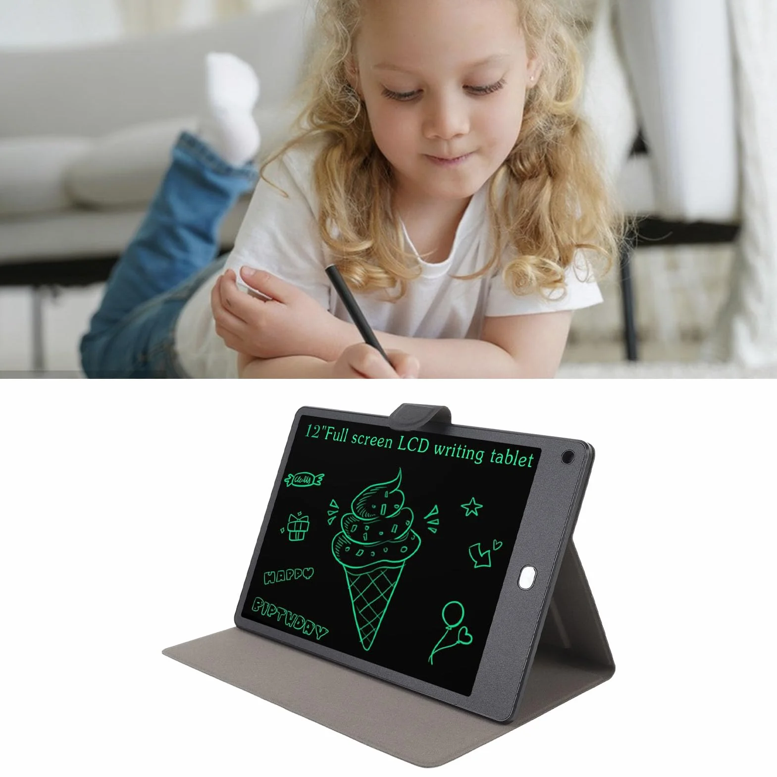 Tablet di Scrittura LCD 12 Pollici per Adulti, Schermo Intero PU, Nero