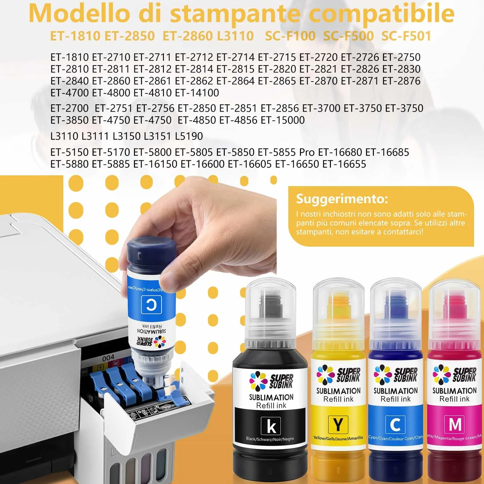 Inchiostro Sublimazione per Epson Ecotank ET-2876 ET-1810 ET-2826 ET-2861 ET-2870 ET-2871 ET-2865 ET-15000 ET-2810 ET-2856 ET-2870, Inchiostro a Sublimazione
