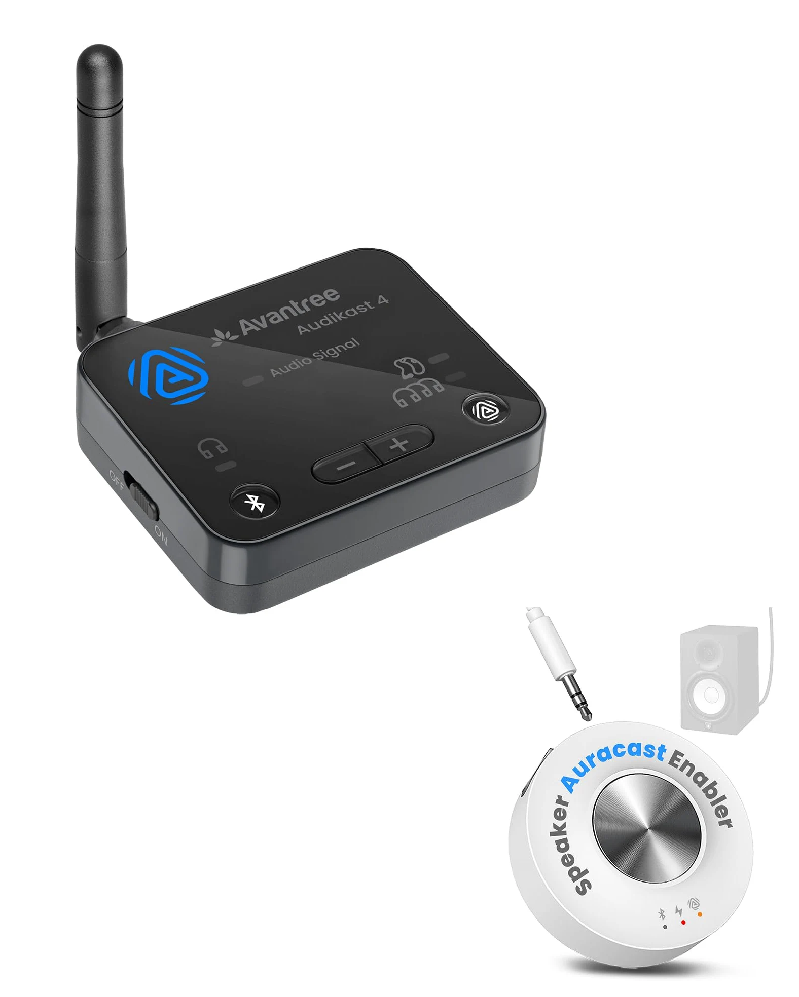 Avantree Audikast 4 & AuraLink Bundle – Trasmettitore e Ricevitore TV Auracast & Bluetooth per Cuffie & dispositivi di ascolto potenziato selezionati, e Casse Attive con ingresso 3,5 mm AUX o RCA