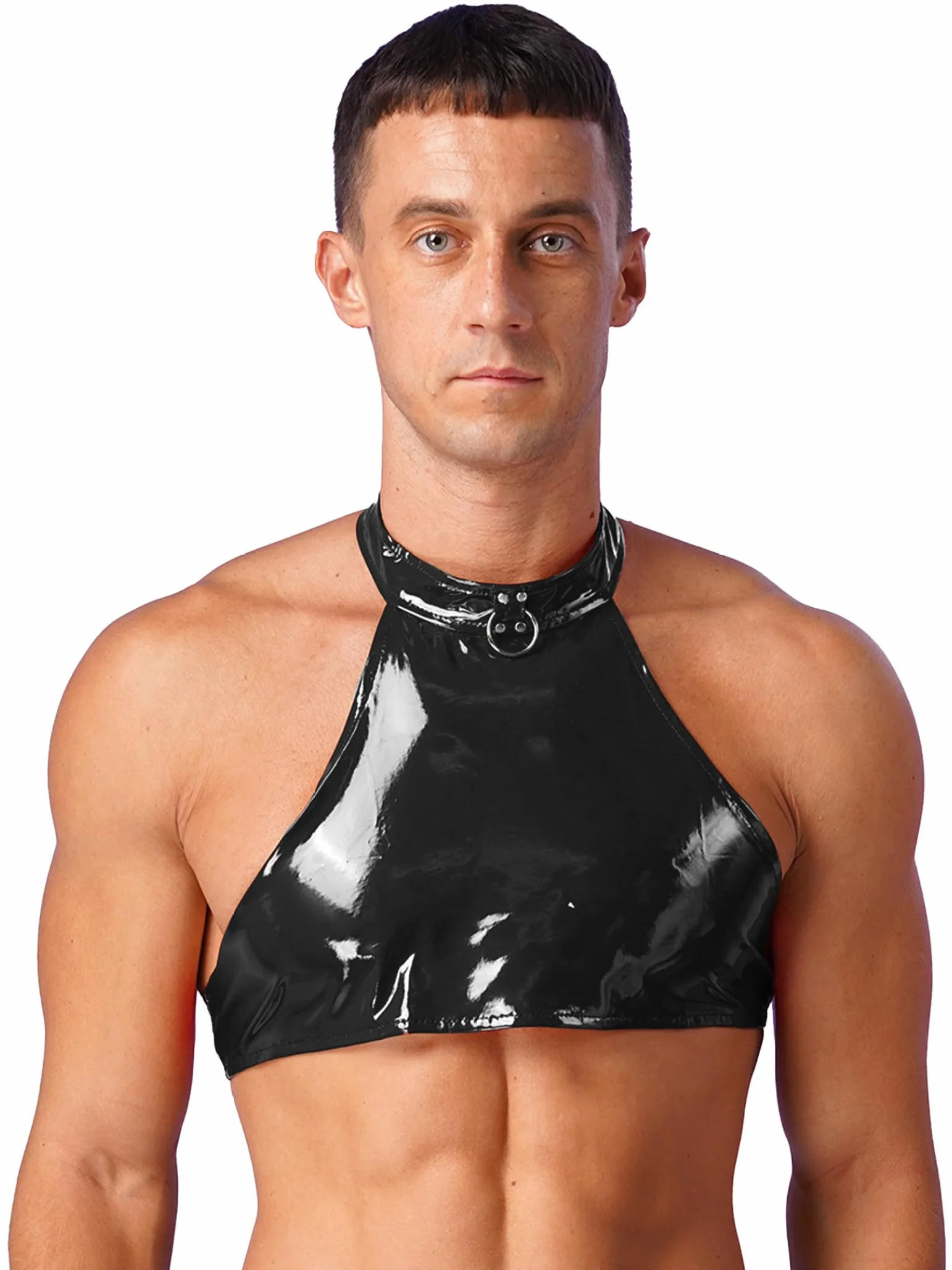Maglietta Crop Top Pelle Lucida Latex Look per Uomo Stretch Muscolare Festa Gogo