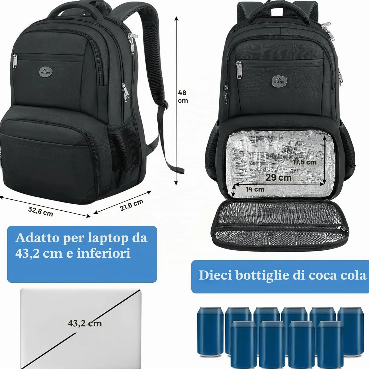 MATEIN Zaino Porta PC Porta Pranzo Termico, Zaino PC 17 Pollici Impermeabile Borsa Frigo Pranzo Ufficio, Zaini da Viaggio Donna Uomo Università Lavoro Picnic per Laptop Backpack Antifurto, Nero
