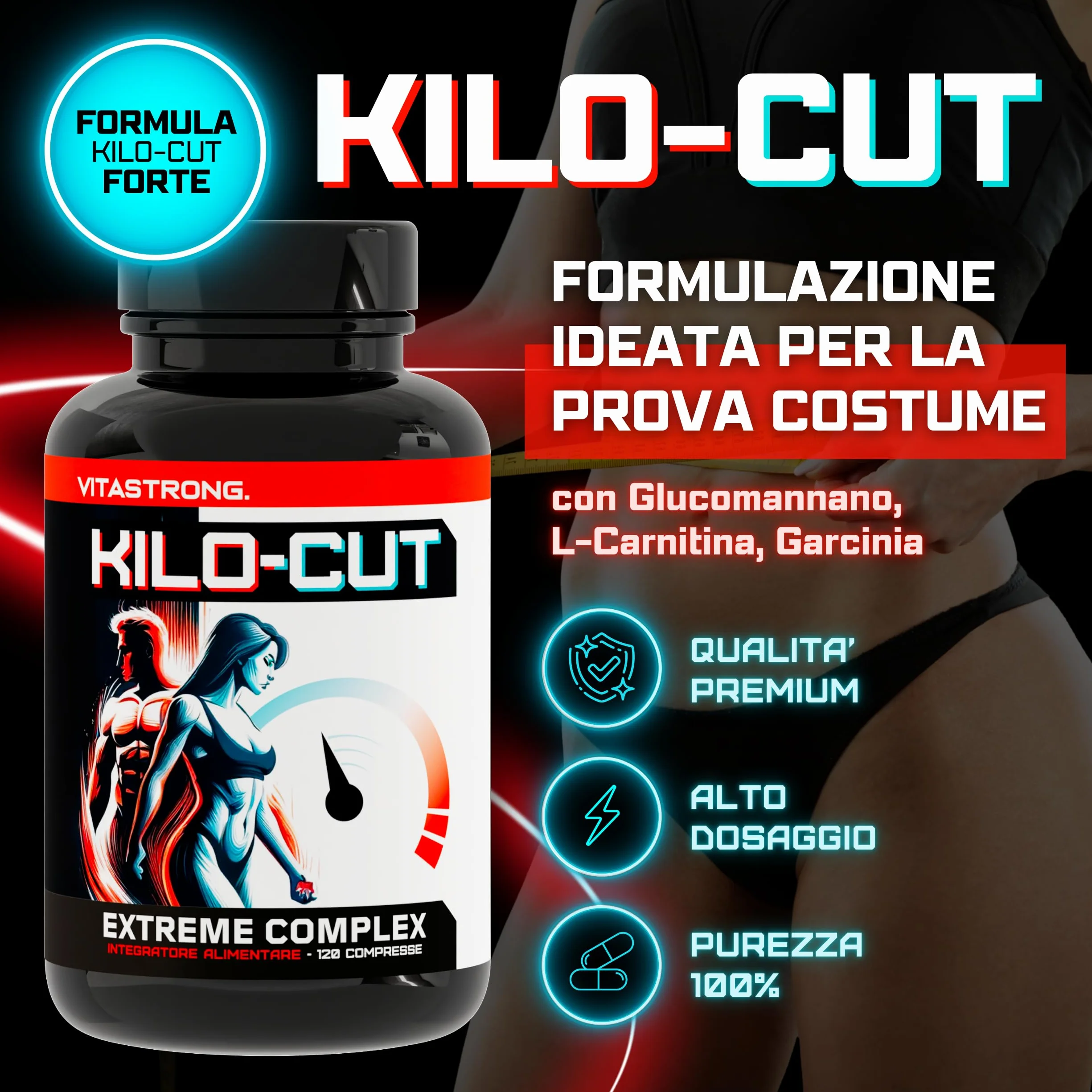 Kilo-Cut Vitastrong Vegan Integratore Dietetico con Glucomannano, Garcinia, L-Carnitina, Matcha, Colina, Fico d'India e Cromo