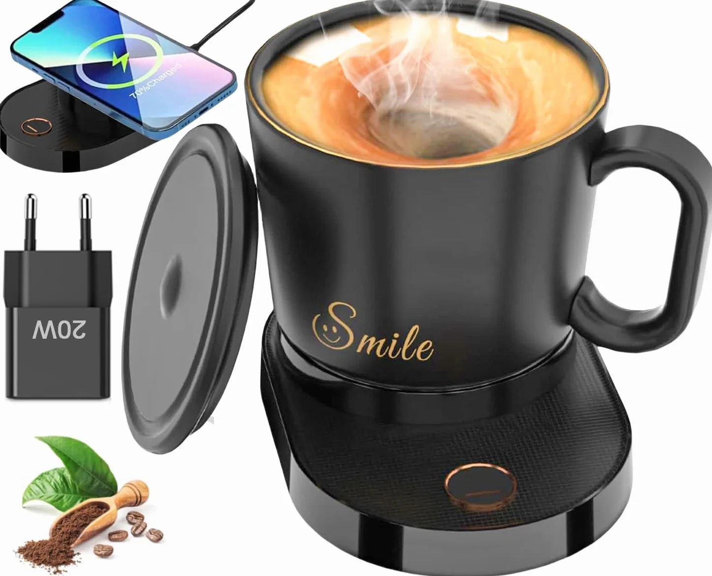 ZONSUSE Tazza Intelligente,Tazze Automescolante con Scaldatazza,Qi Caricatore Wireless,Tazza Riscaldante Temperatura fino a 55°C/131°F,per Casa,Scrivania,Ufficio, Ricarica Wireless 300ml (Nero)