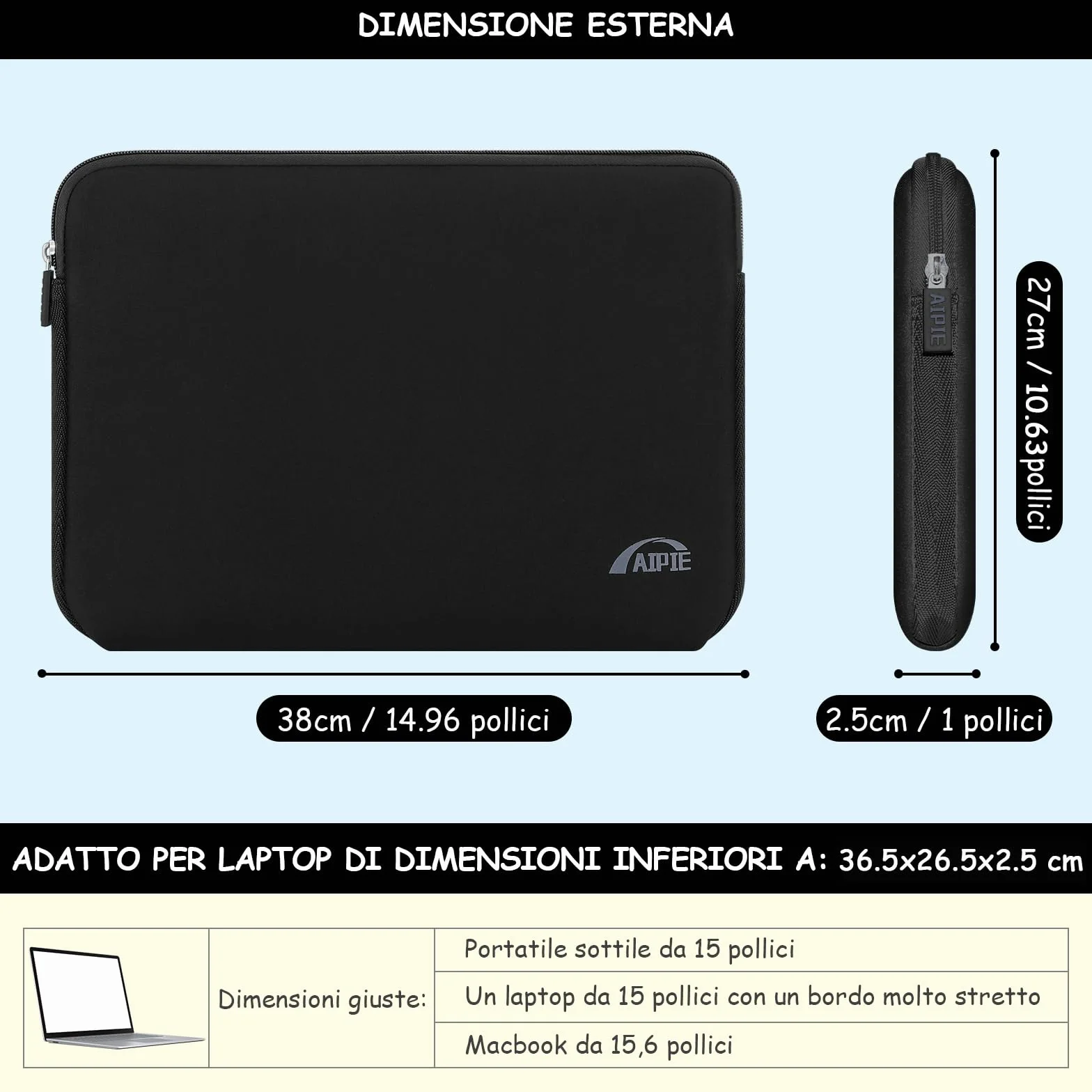 Custodia per Laptop 15 15,6 Pollici Sleeve per Laptop Impermeabile Custodia Borsa Caso Protettiva Borsa da Trasporto per MacBook, Acer, Asus, Dell, HP,Lenovo Nero, 15.6 Pollici