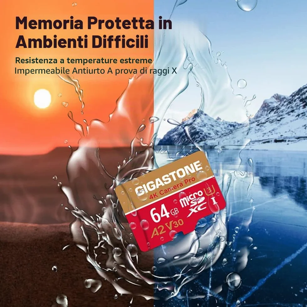 Gigastone Scheda di memoria da 64 GB, confezione da 2 schede, 4 K, fotocamera Pro, compatibile con GoPro Switch, velocità 95 MB/s. Scheda Micro SDXC A2 U3 V30 con adattatore SD.