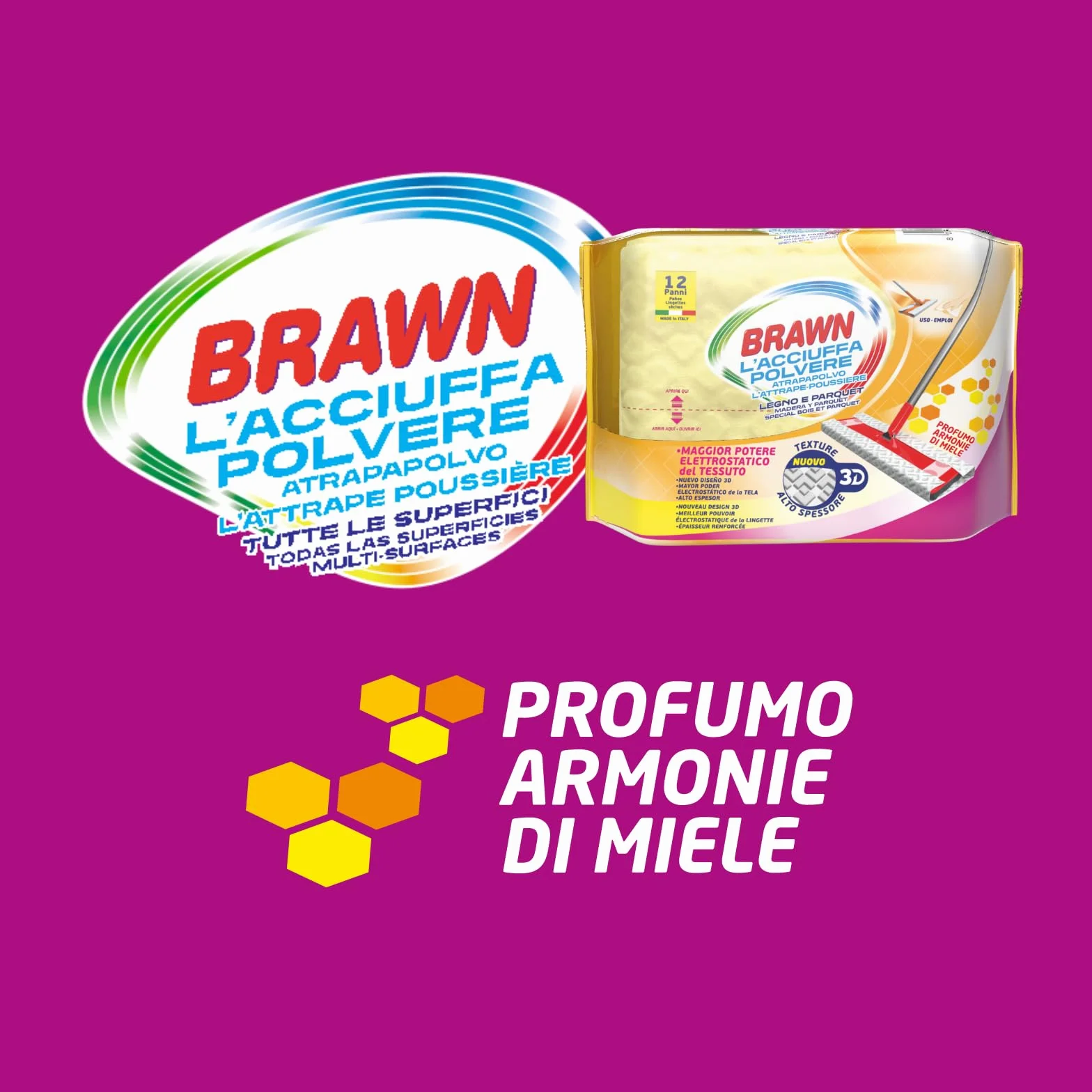 Brawn Acciuffapolvere Legno e Parquet, Tessuto 3D ad Alto Spessore, Profumo Armonie di Miele, Confezione da 12 Panni