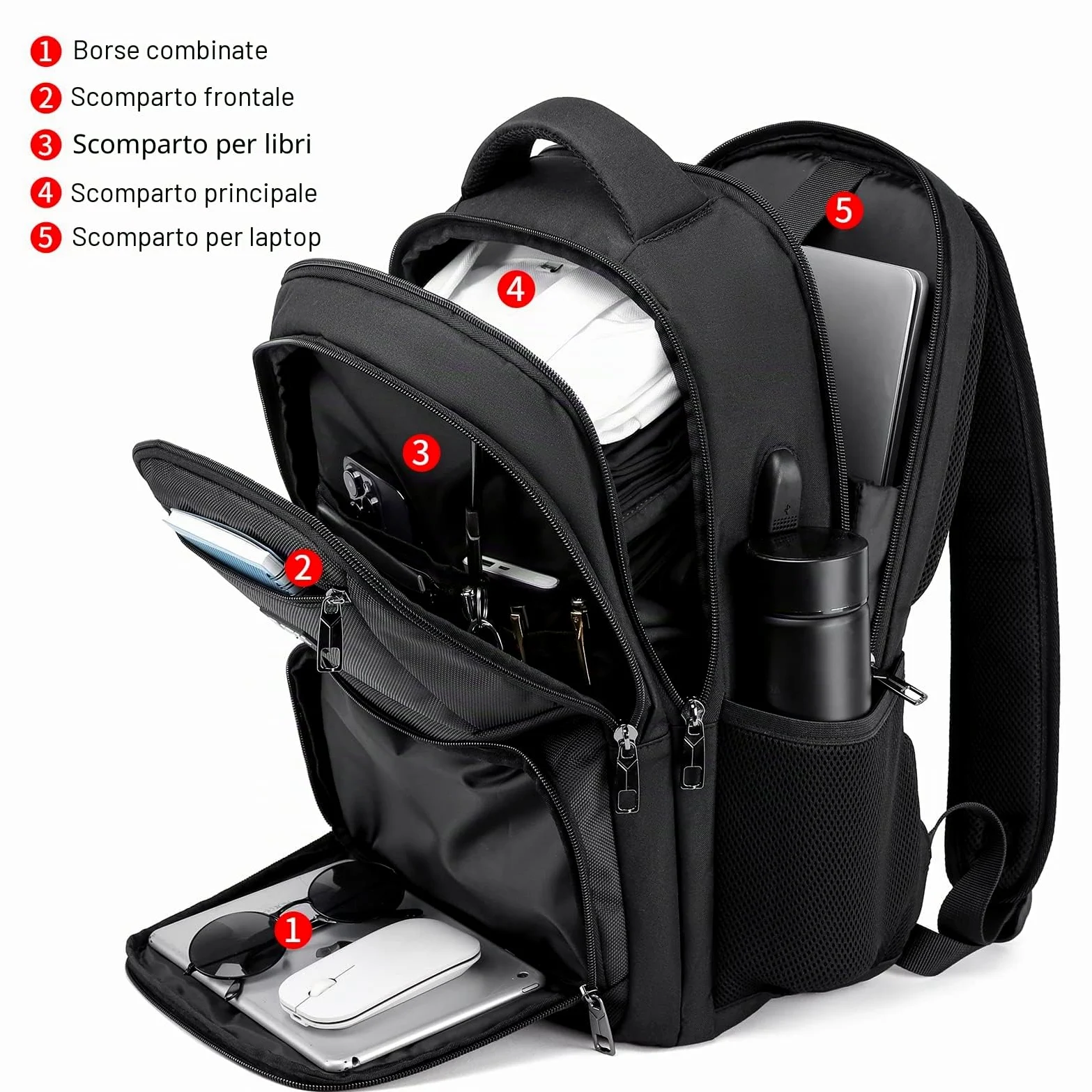 Zaino Uomo, Zaino Scuola Superiore Media Università, Zaino per PC Portatile da 17,3 Pollici con Porta USB, Zaino da Lavoro Impermeabile per Laptop, Viaggio - Regalo per Uomo e Donna, Nero