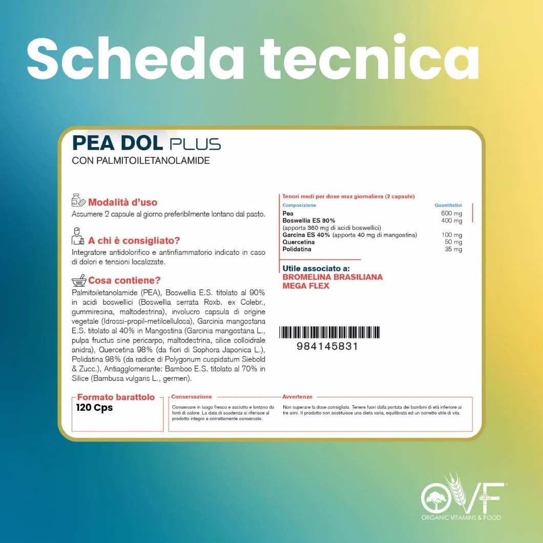 OVF PEA Integratore Plus 600mg con Boswellia e Quercetina, 120 capsule, Pea Ultra-Micronizzata