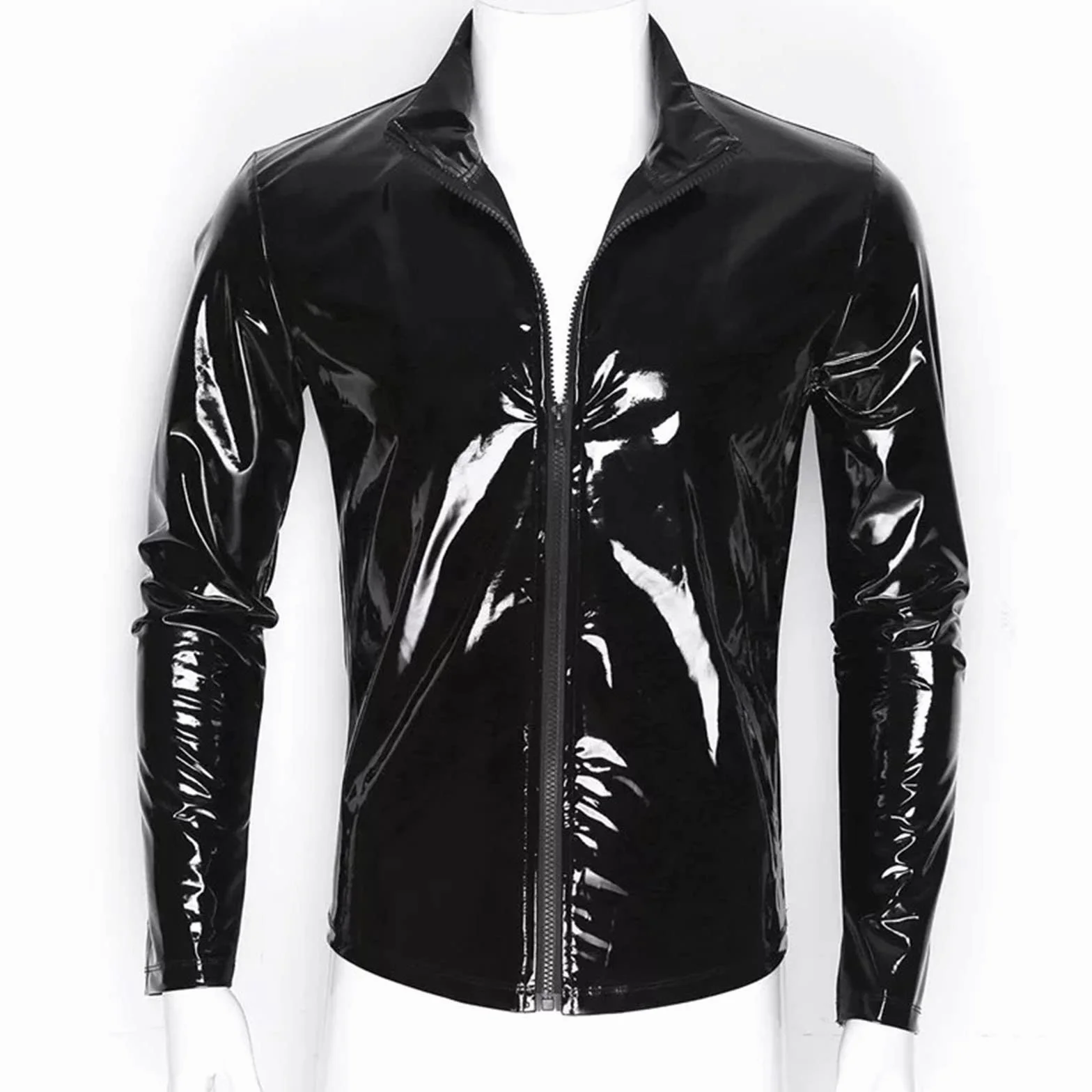 Maglia Effetto Laccato Uomo Colletto Alto Pelle Clubwear