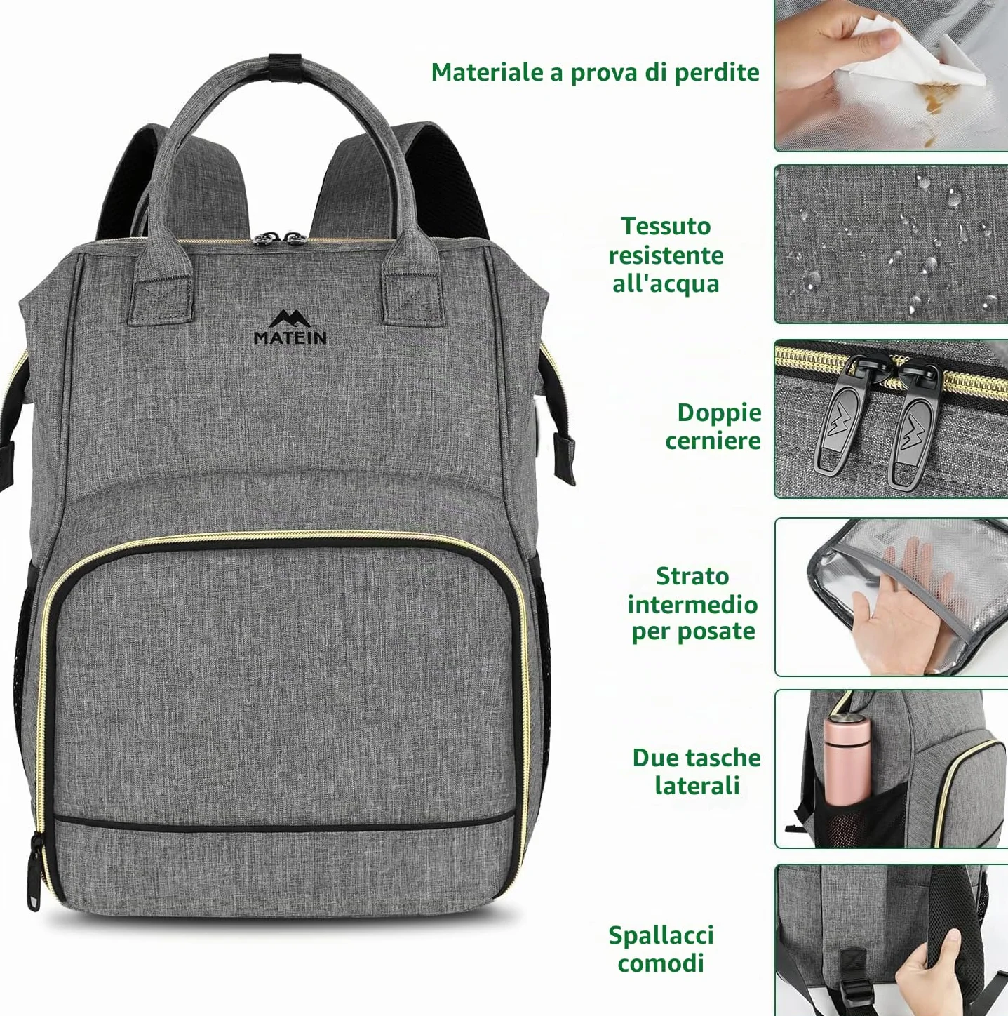 MATEIN Zaino Lavoro Donna con Porta Pranzo, Zaino Porta PC Donna 15,6 Pollici Antifurto e Impermeabile, con Scomparto Termico per Ufficio, Università, Trekking e Picnic, Grigio