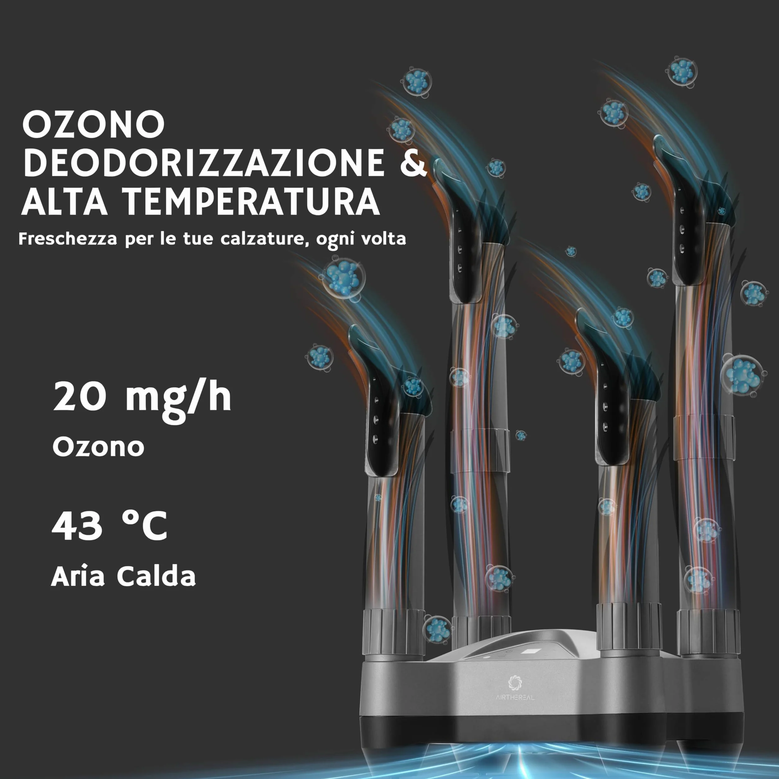 AIRTHEREAL SD20 Asciugascarpe Elettrico 110W con Timer e Ozono, Asciugatore Portatile per 2 Paia di Scarpe, Grigio