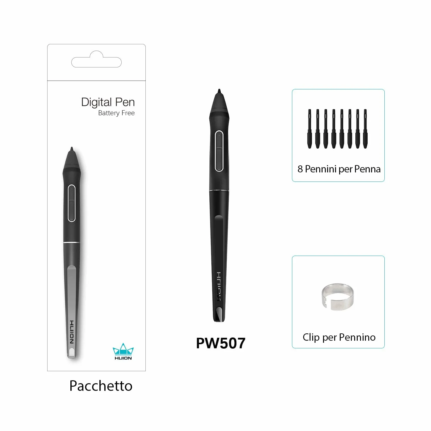 HUION Penna Senza Batteria PW507 Combina 8192 Valori per la Pressione Della Penna con il più Alto Tasso di Misurazione di 266PPS Compatibile con Kamvas Pro 12,Pro 13,Pro 16,Kamvas 20,GT-191 V2 (700K)