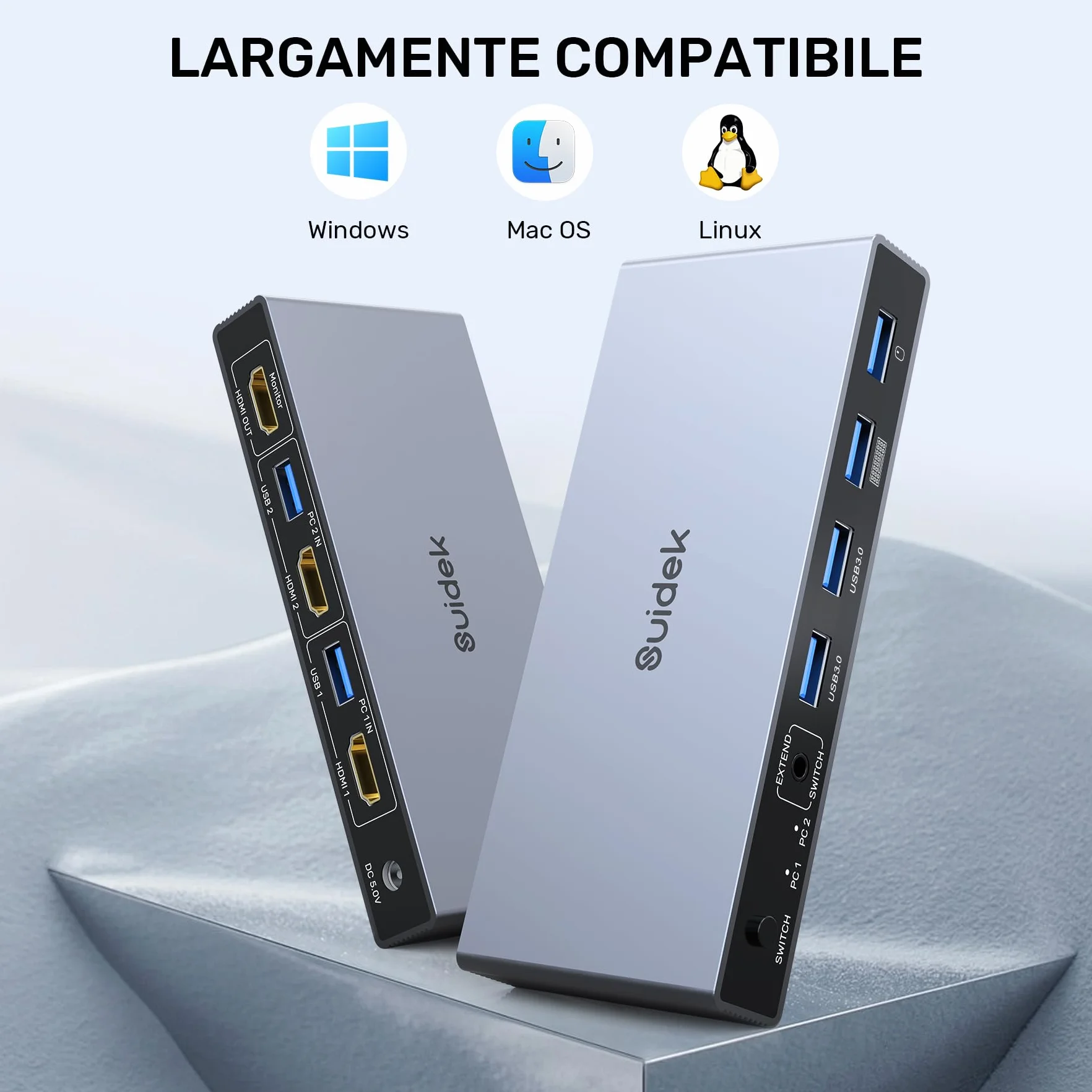 SUIDEK Switch KVM USB 3.0 HDMI, switcher USB e HDMI con 4 porte USB 3.0, per 2 computer che condividono tastiera, mouse, stampante, disco rigido e 1 monitor, supporto 4K@60Hz con 2 cavi USB