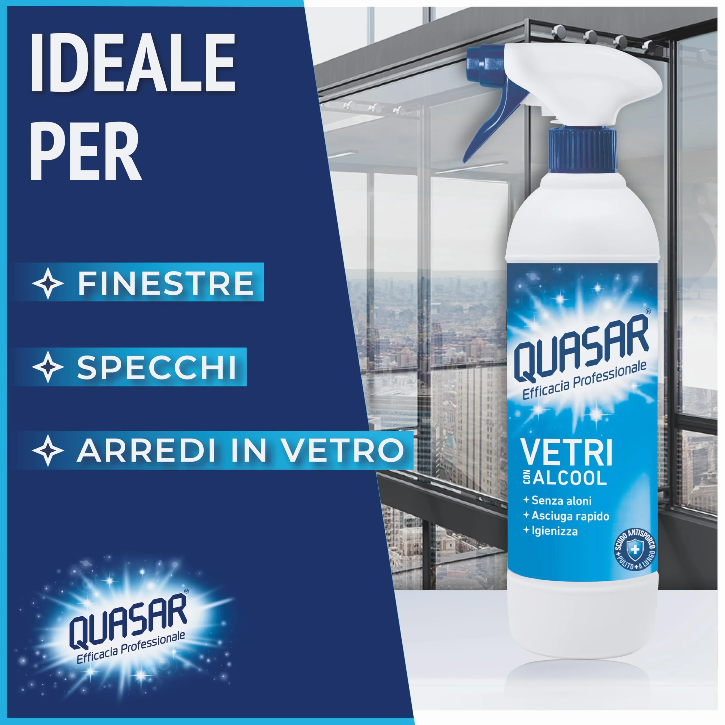 Quasar Vetri con Alcool Senza Aloni Asciuga Rapido Igienizza 680 ml