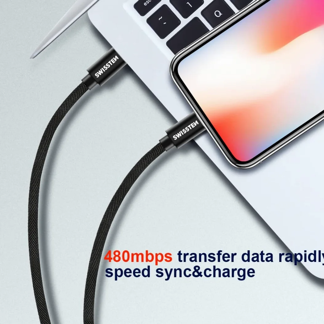 Swissten Cavo di ricarica per iPhone 2 m [certificato MFi] da USB C a Lightning Ricarica rapida tessile intrecciato Ricarica PD rapida per iPhone 14/14 Pro/14 Plus/14 Pro Max, iPad Pro, iPhone 8-13