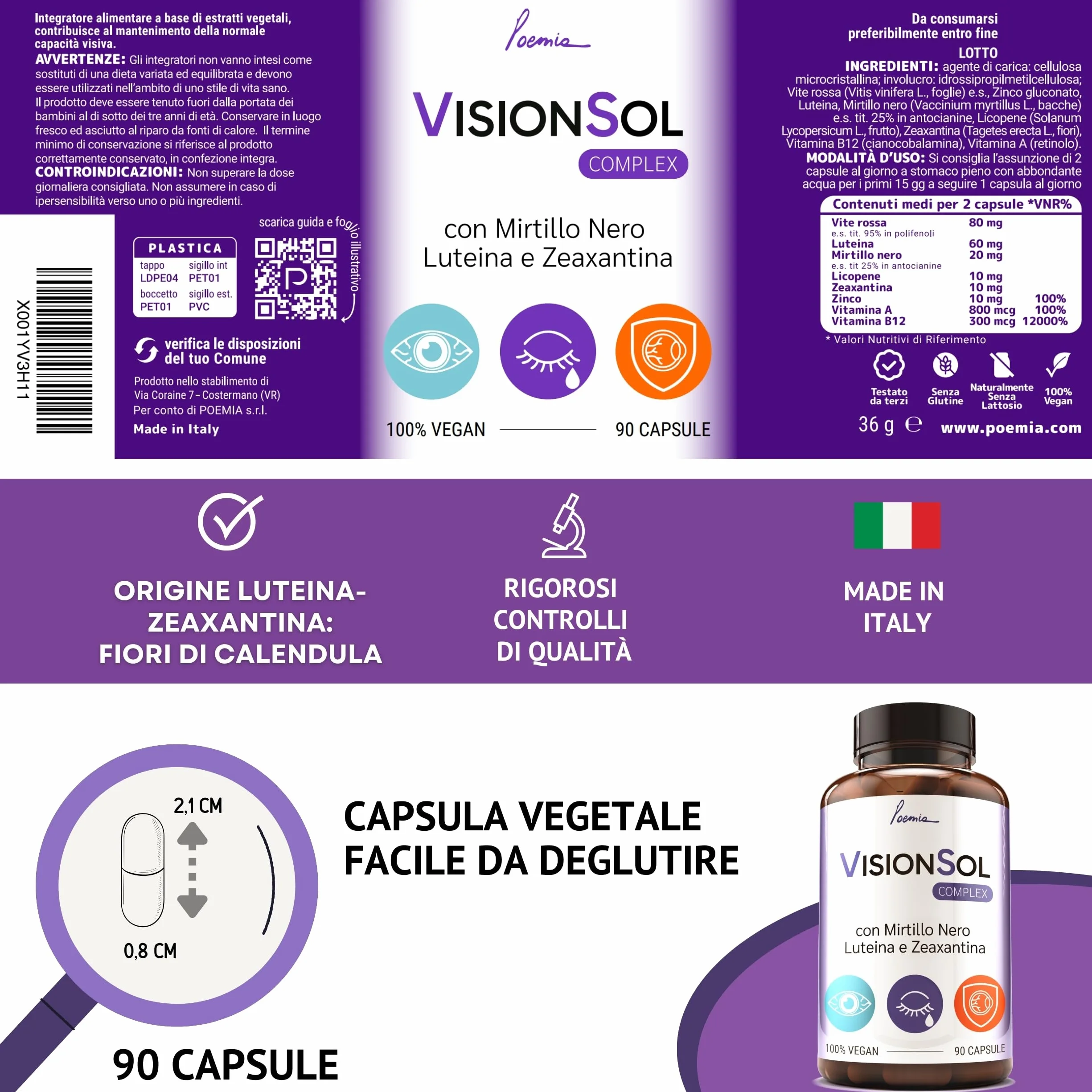 Integratore Occhi Vista Luteina Zeaxantina Alto Dosaggio 90 Capsule Zinco Licopene Mirtillo Nero Vite Rossa Antiossidante Vitamina A B12 Vegano