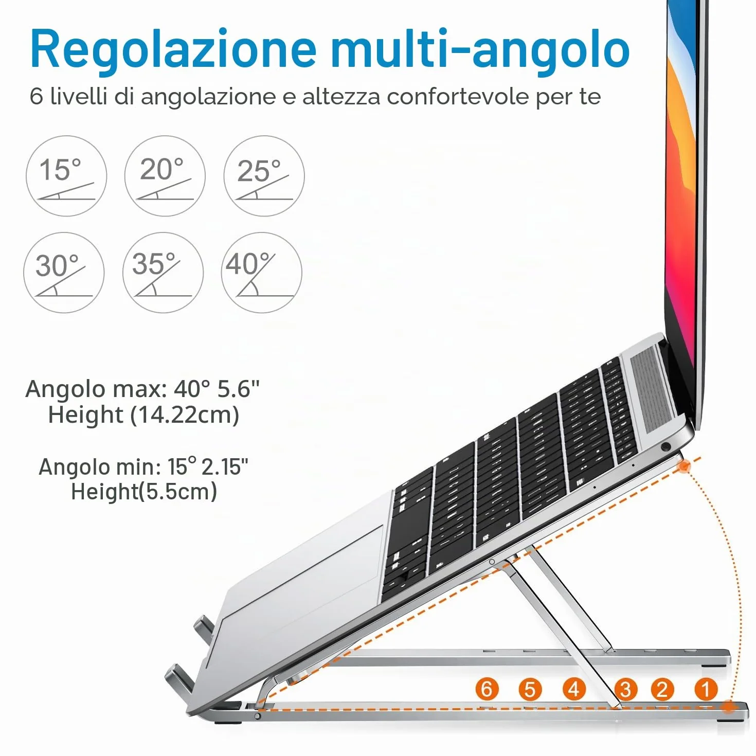 iVoler Supporto PC Portatile, Porta PC Pieghevole, Laptop Stand con 6 Tipi di Angoli Regolabili, Alluminio Ventilato Supporto per Porta Computer/MacBook/PRO/Air/iPad Laptop, 10-15,6" - Argento