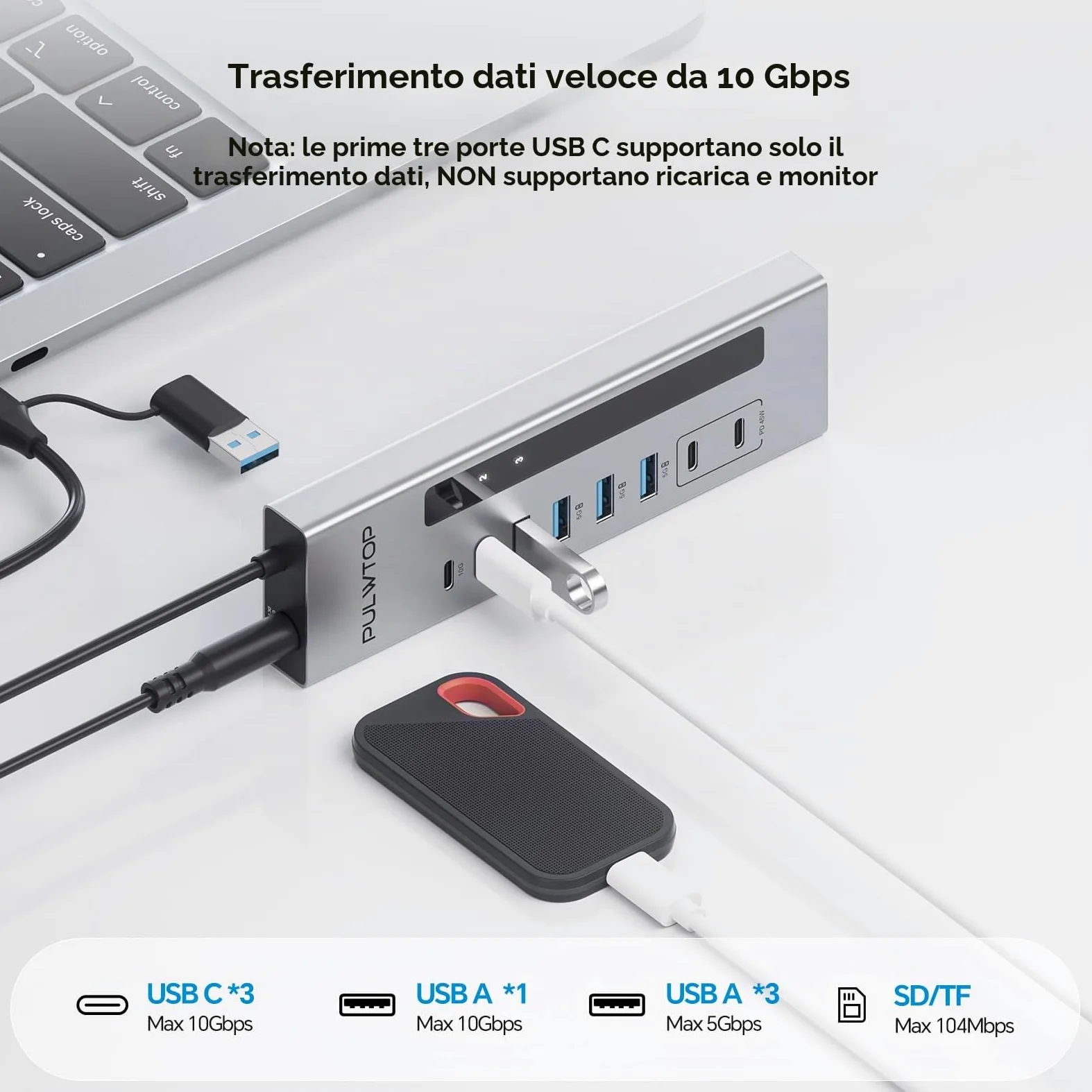Hub USB C alimentato, hub USB con 2 porte di ricarica Type-C PD da 24/45 W | PULWTOP USB Hub con SD/TF, USB C 10Gbps, USBA 5/10Gbps e 24/45W Type-C PD Charging Ports, 72W Adapter Included