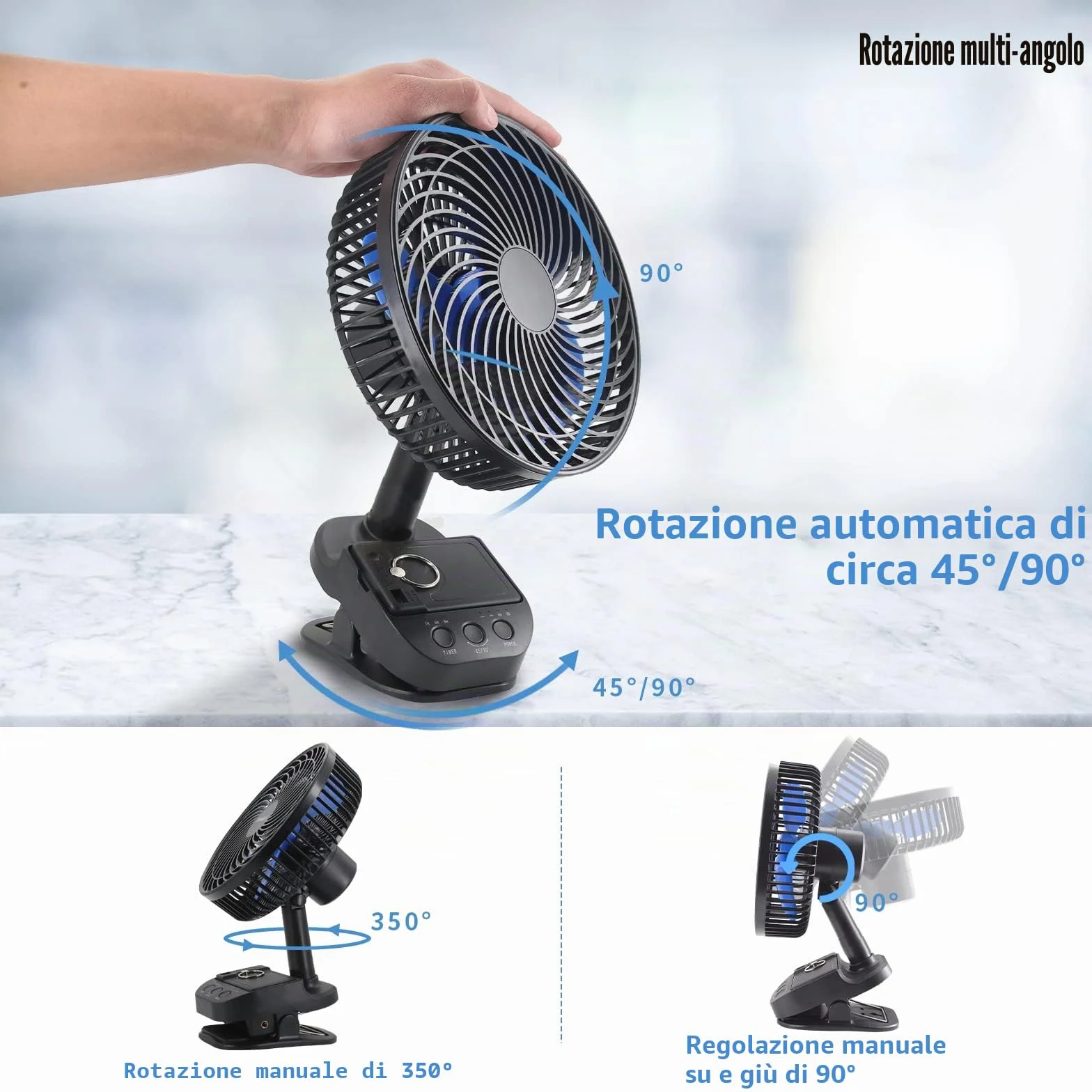 ATEngeus Ventilatore USB 4 in1, Ventilatore con clip da 8 inch, Ventilatore batteria da 10000 mAh, 5 velocità, Rotazione multi-angolo, Funzione Cronometraggio, con clip e gancio, per casa, ufficio