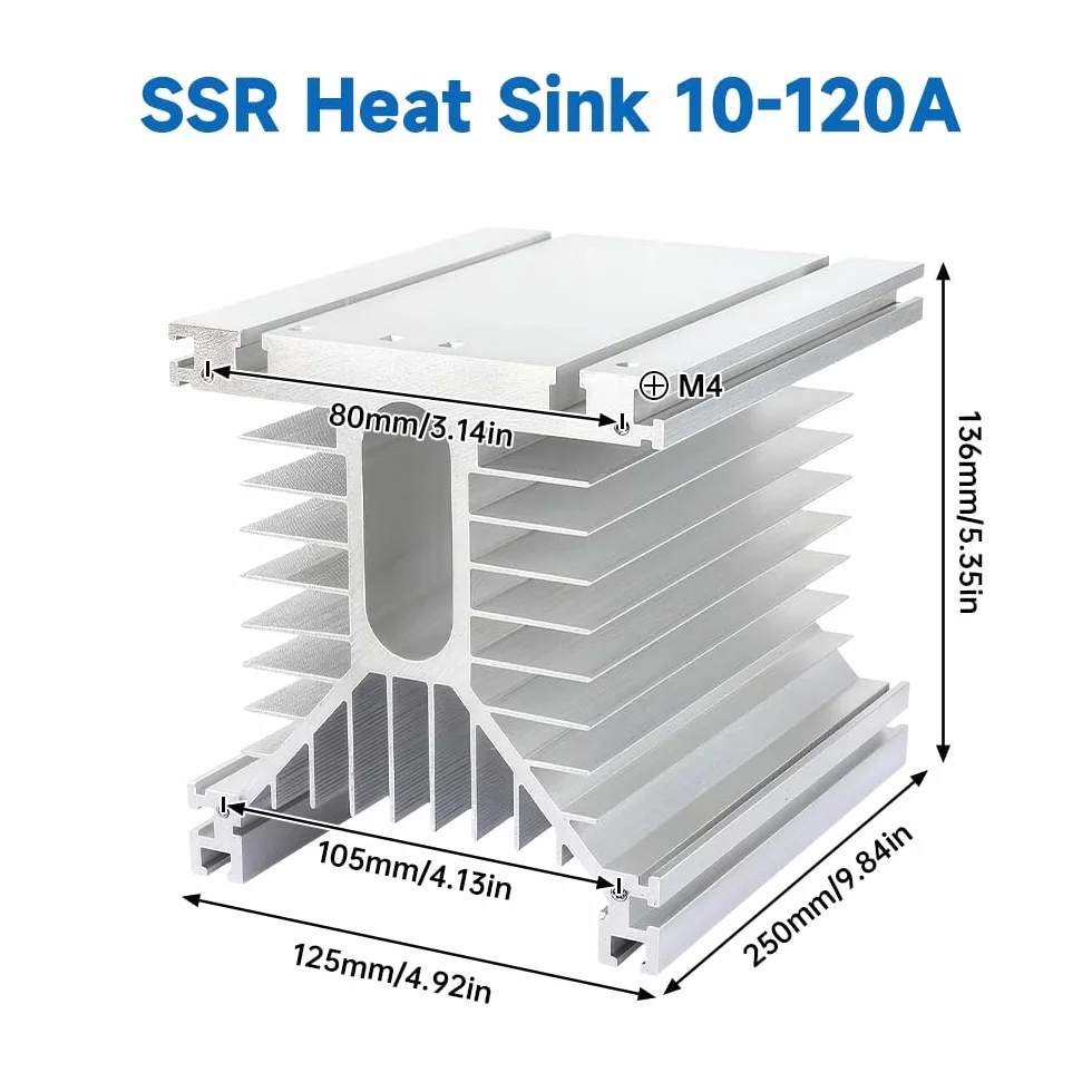 dissipatore di calore SSR, 250x125x136mm, dissipatore di calore in alluminio per relè a stato solido trifase 10-120A con silicone termoconduttivo bianco